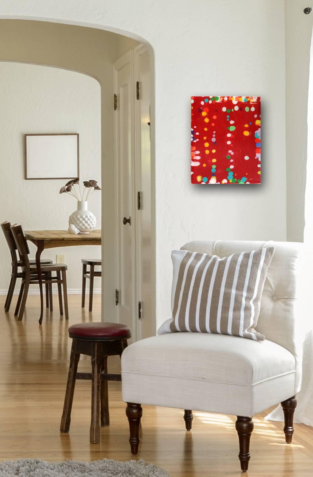 This colorful red 20 by 16 inch original mixed-media artwork by Los Angeles artist Ron Piller assumes physical characteristics of both architecture and sculpture. The surface is covered with a smooth layer of clear, glass-like resin, which enhances