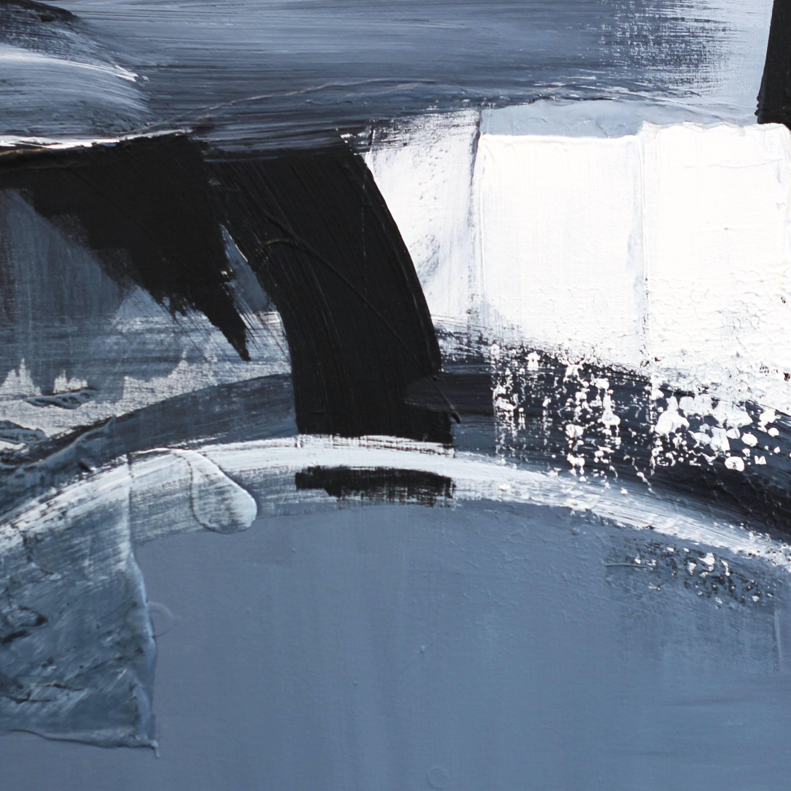 Precipice- Large Textural Original Black and White Gestural Abstraction Painting - Blue Abstract Painting by Gail Titus
