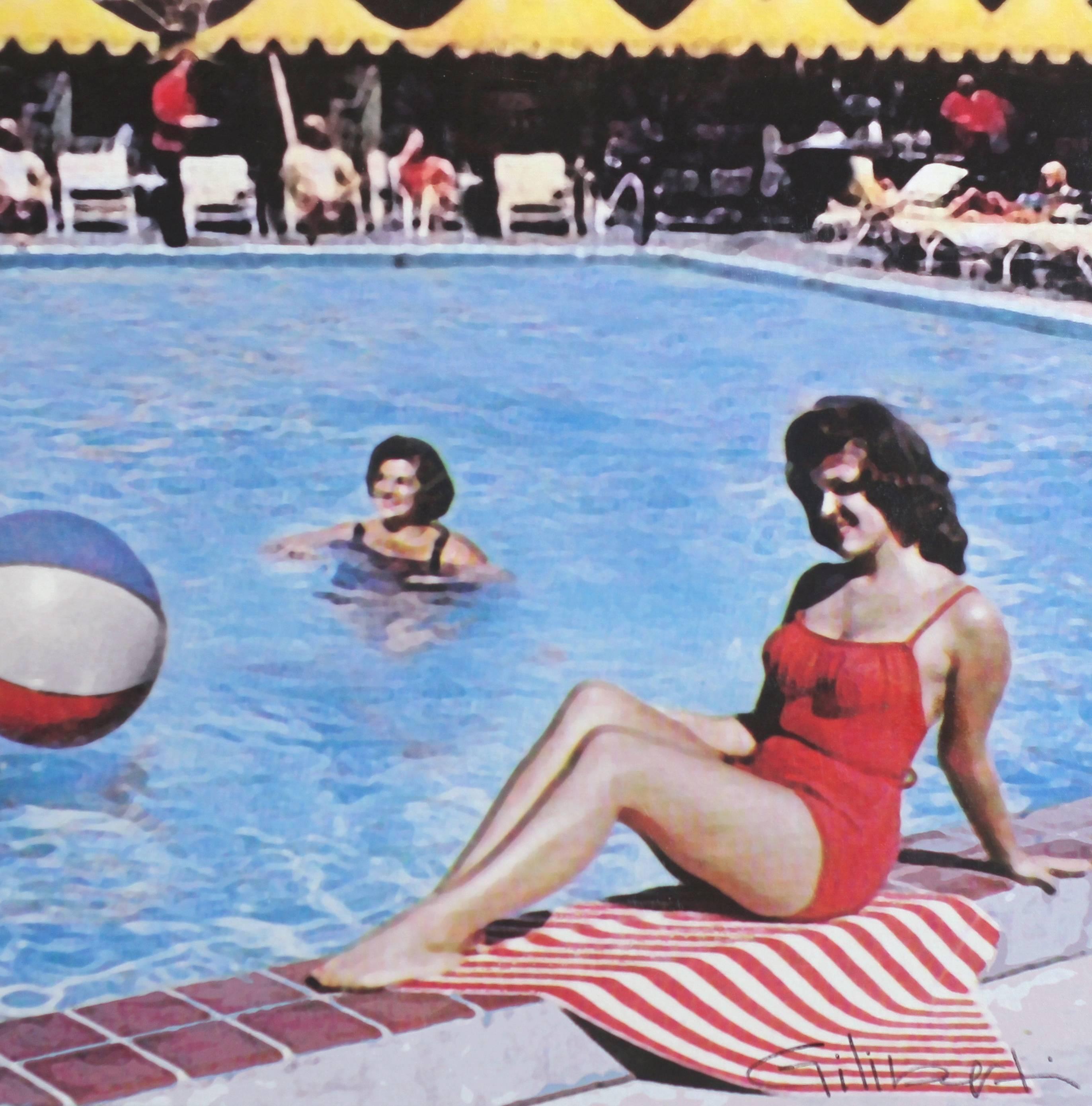 Poolside at the Beverly Hills Hotel 1969 - Photorealist Painting by Michael Giliberti