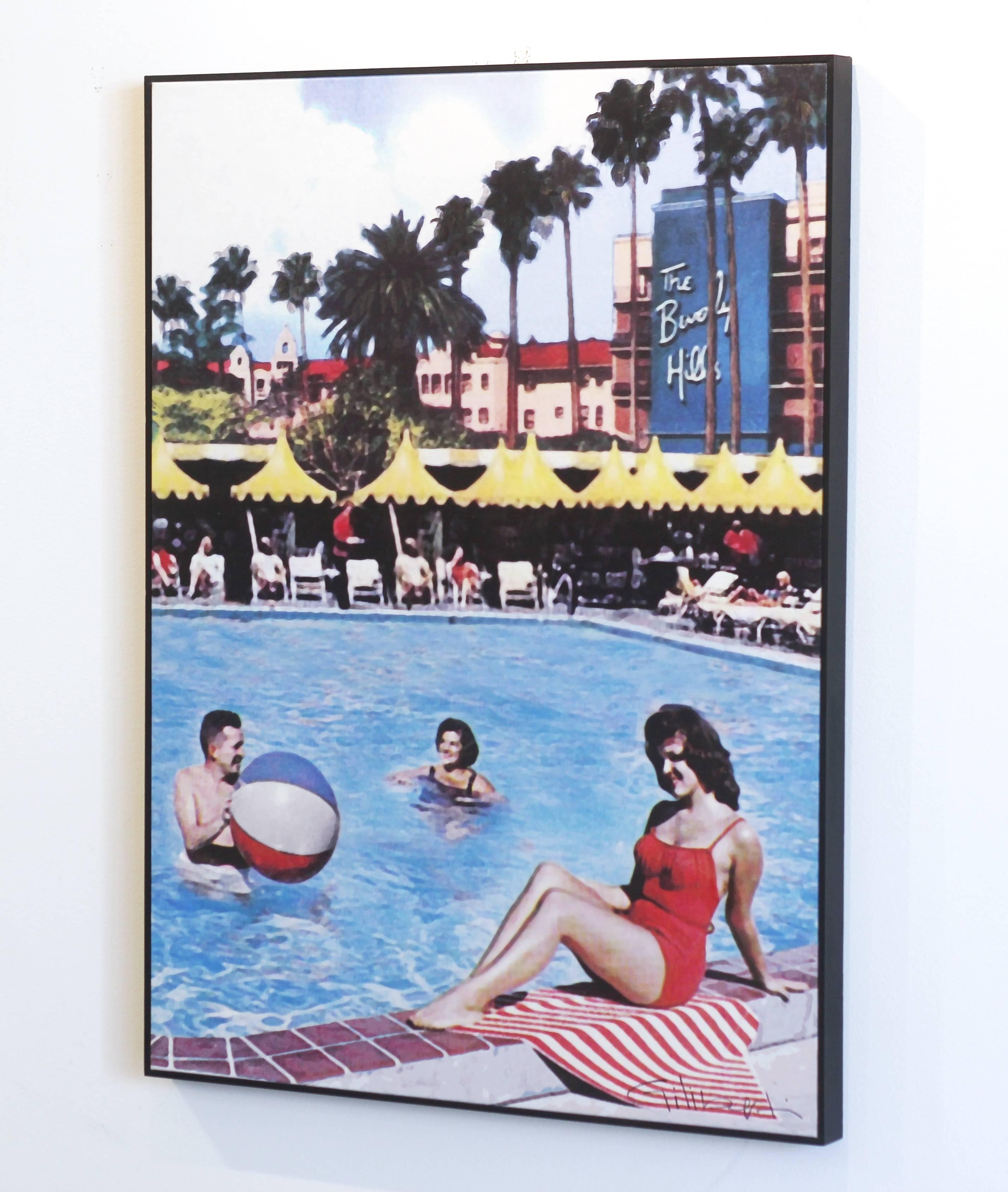 Poolside at the Beverly Hills Hotel 1969 - Purple Figurative Painting by Michael Giliberti