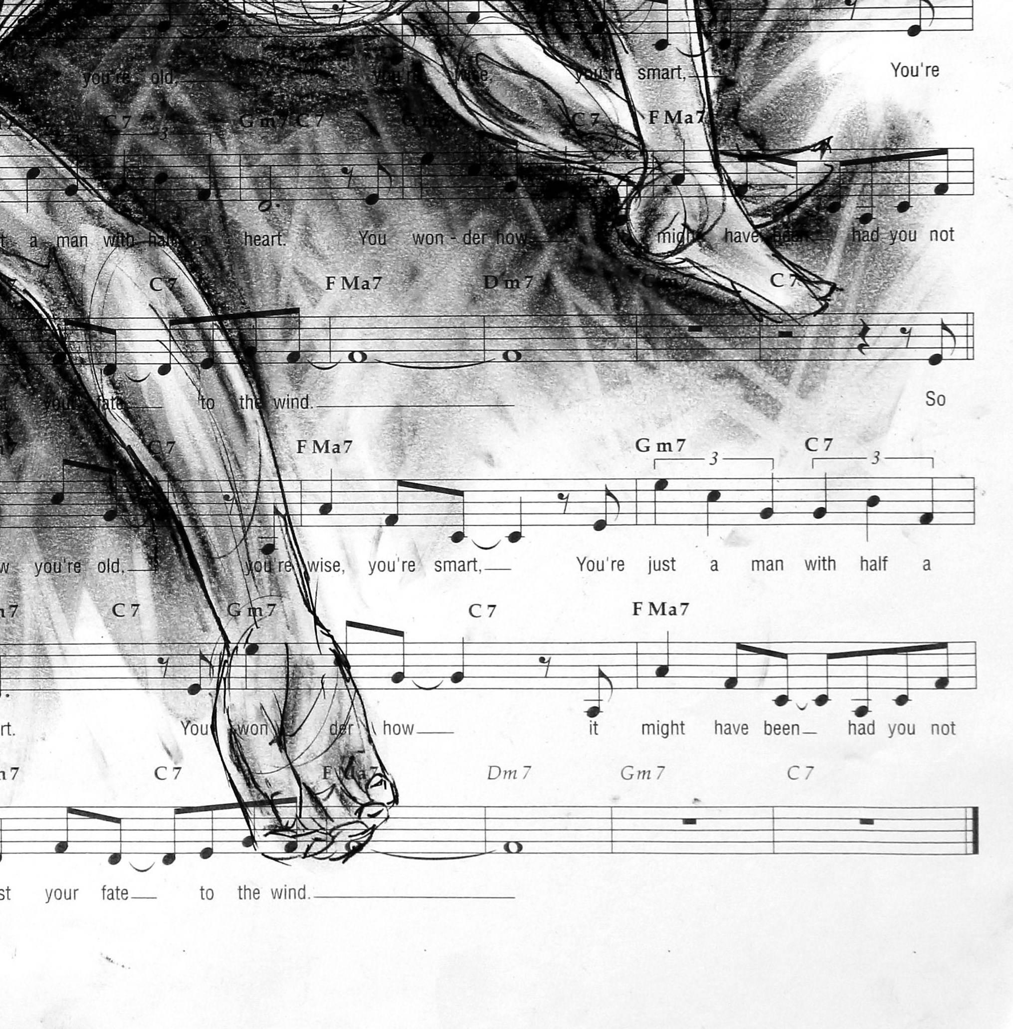 Robert Lebsack created this one-of-a-kin 11 inch tall and 17 inch wide artwork with charcoal and ink on sheet music. His imagery is hand drawn with great detail. This artwork is signed by the artist in the lower right corner. Convenient shipping