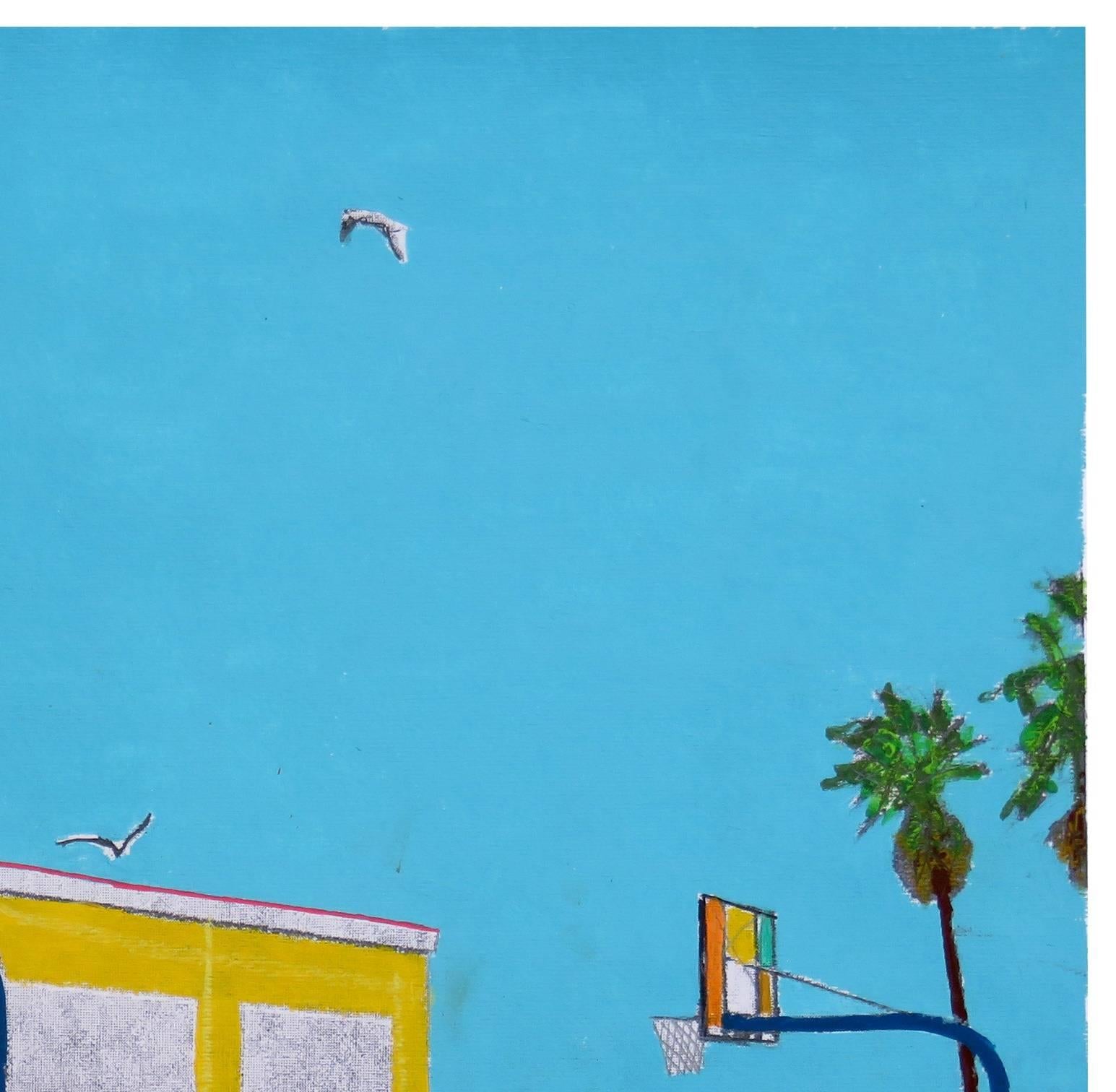 Basket Players at Venice Beach - Blue Landscape Painting by Fabio Coruzzi