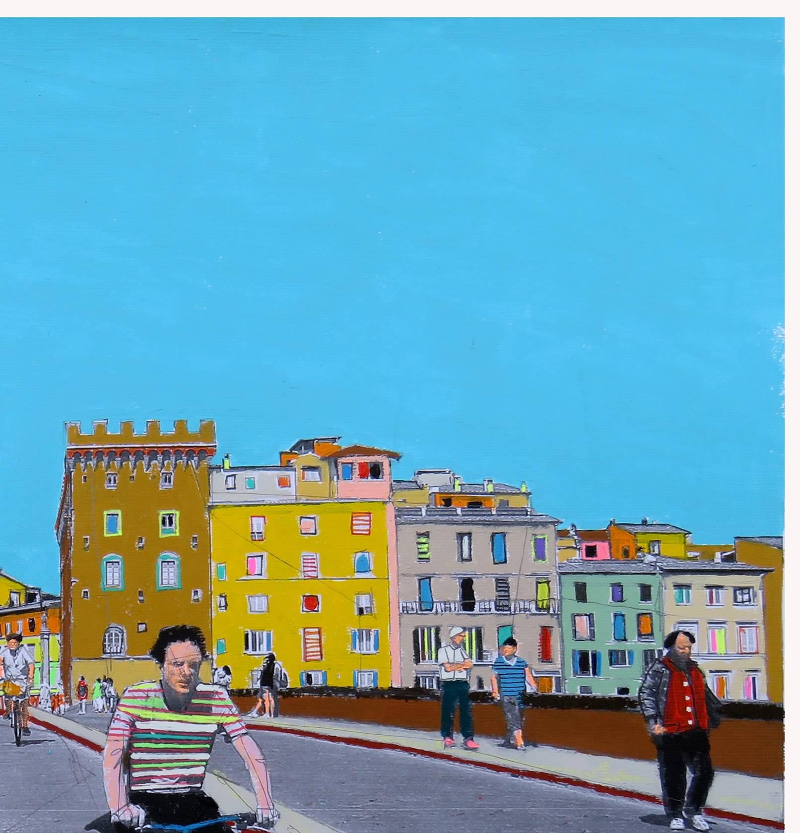 Crossing Bridges in Florence - Blue Landscape Painting by Fabio Coruzzi