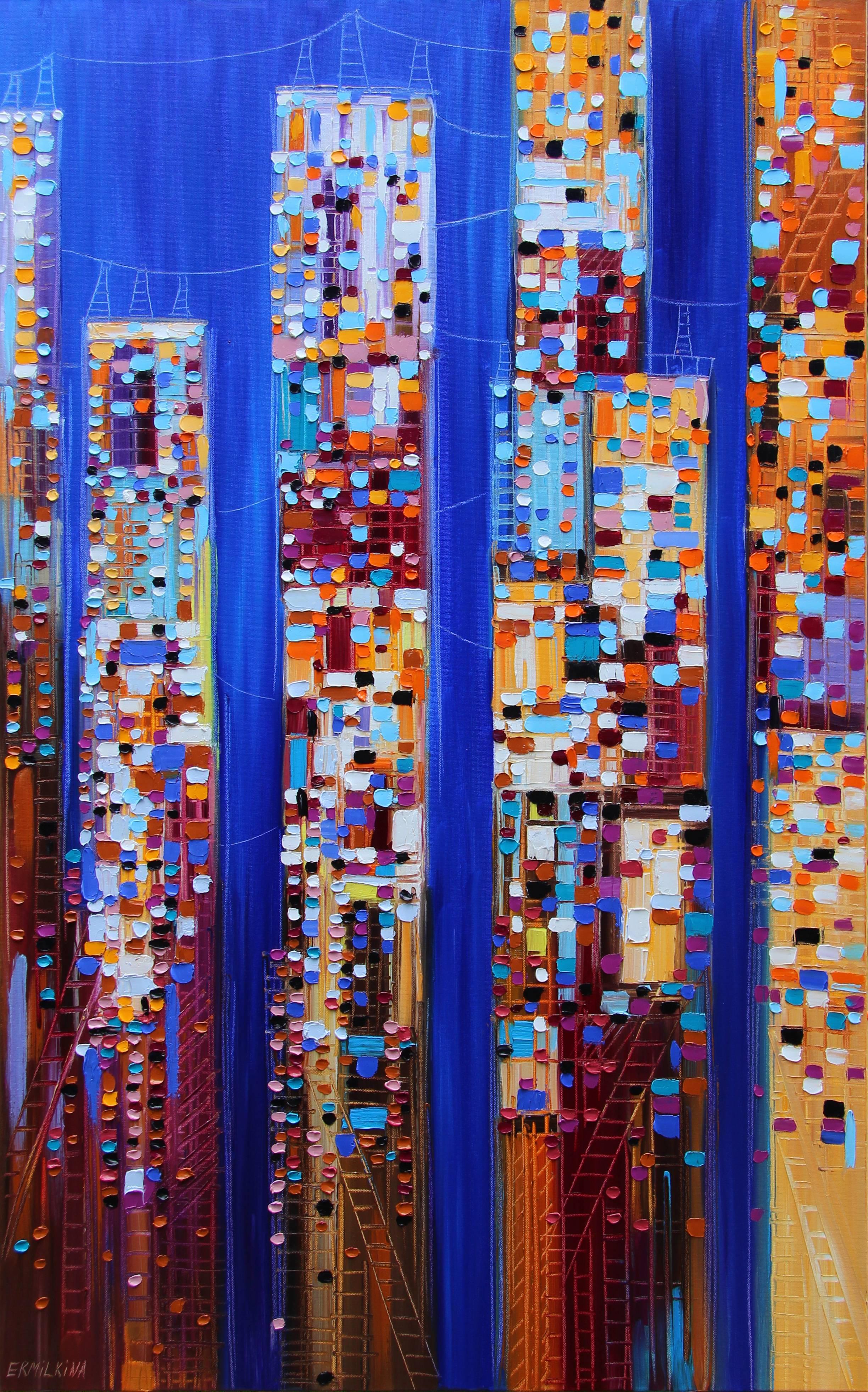 Ekaterina Ermilkina Abstract Painting - Skyscrapers - Thick Impasto Original Oil Painting City Life Skyscrapers