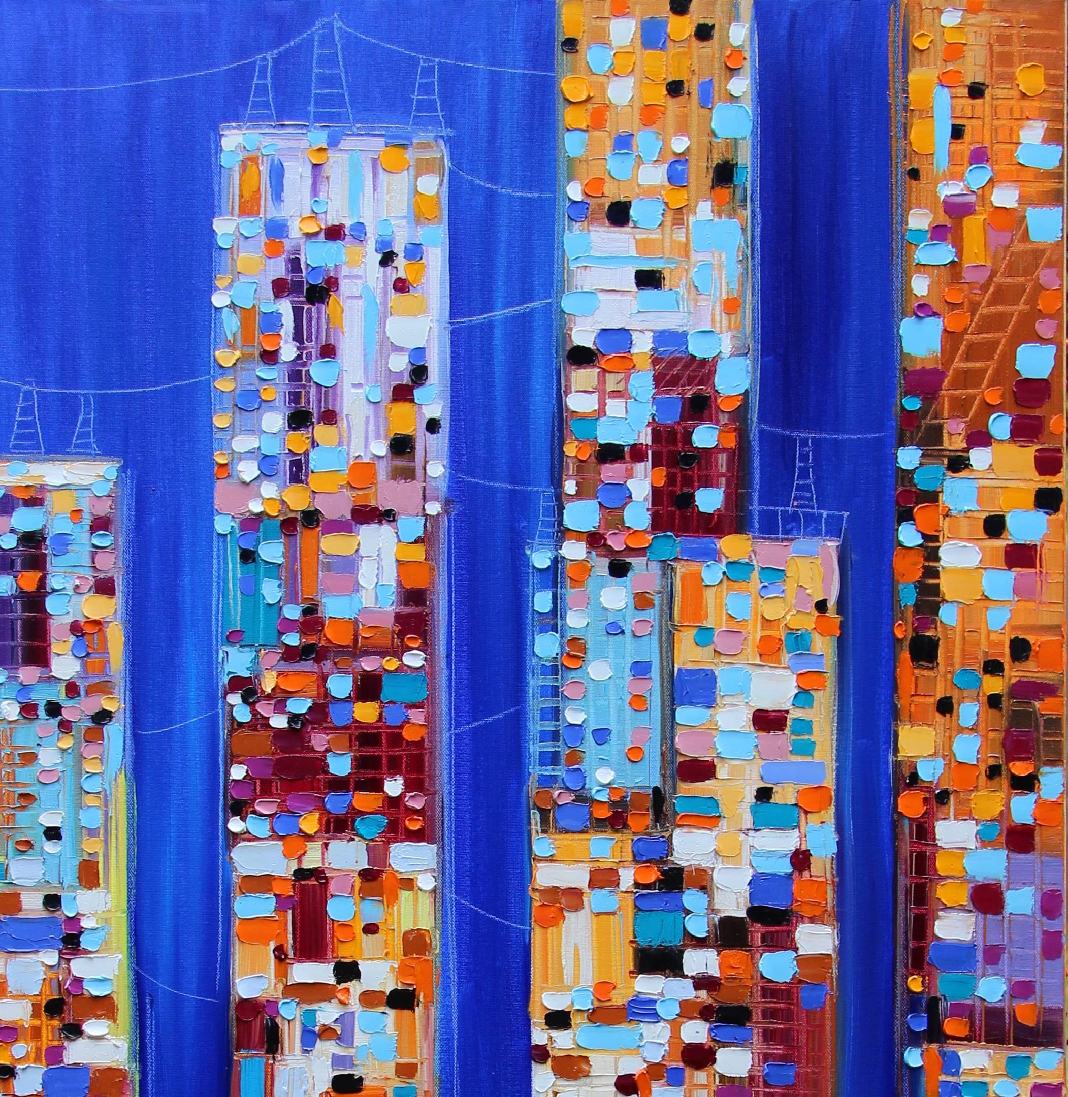 Skyscrapers - Thick Impasto Original Oil Painting City Life Skyscrapers - Purple Abstract Painting by Ekaterina Ermilkina