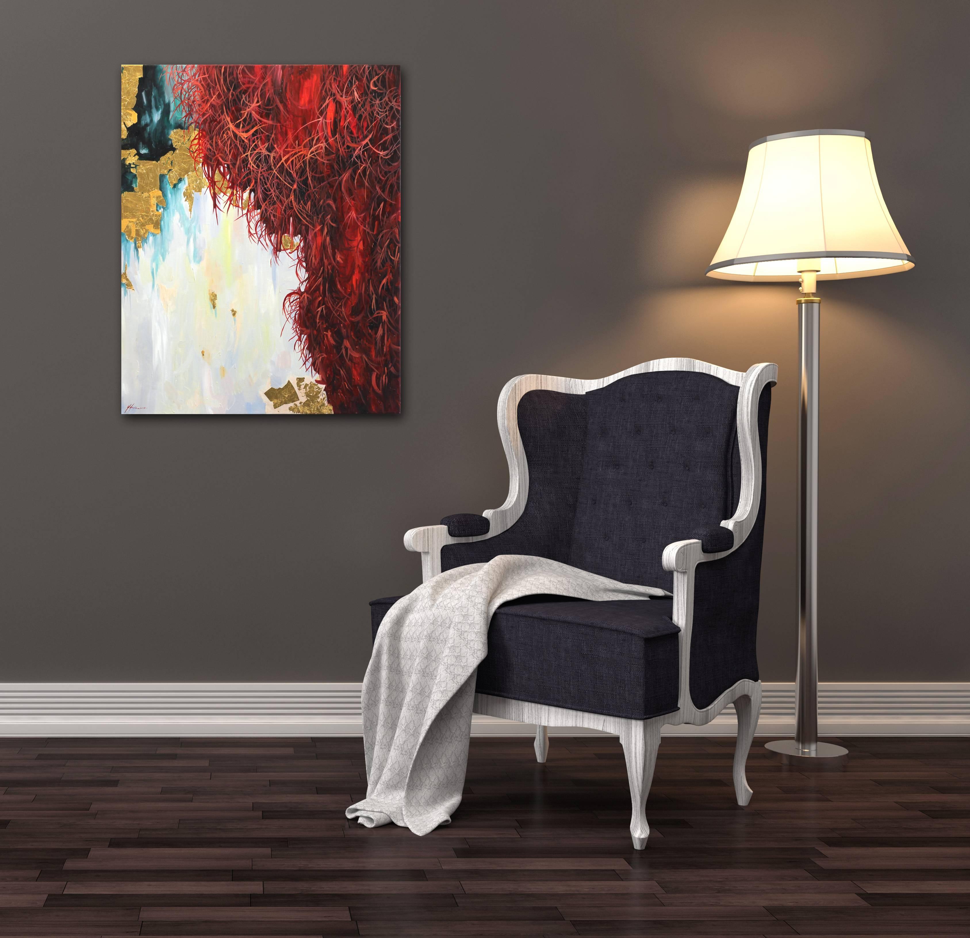 Flash - Abstract Red and Gold Painting on Canvas - Brown Abstract Painting by Marta Muszynska