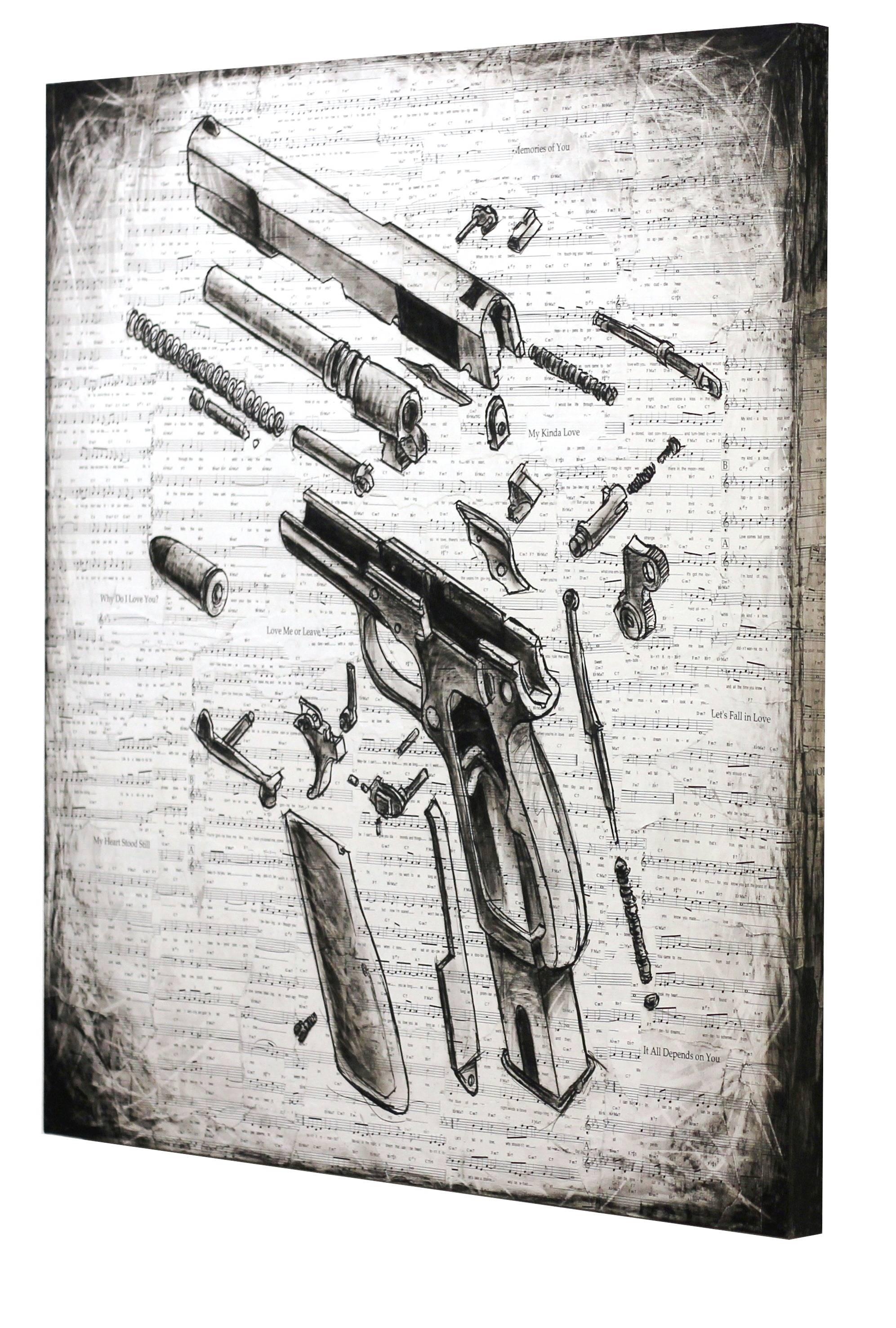Robert Lebsack schafft Kunstwerke in Mischtechnik mit Tinte, Acryl und Kohle auf Archivkopien von Zeitungen, Schulbüchern und Notenblättern. Als visionärer Künstler entwirft Lebsack Geschichten, die zum Nachdenken anregen, und setzt sich mit dem