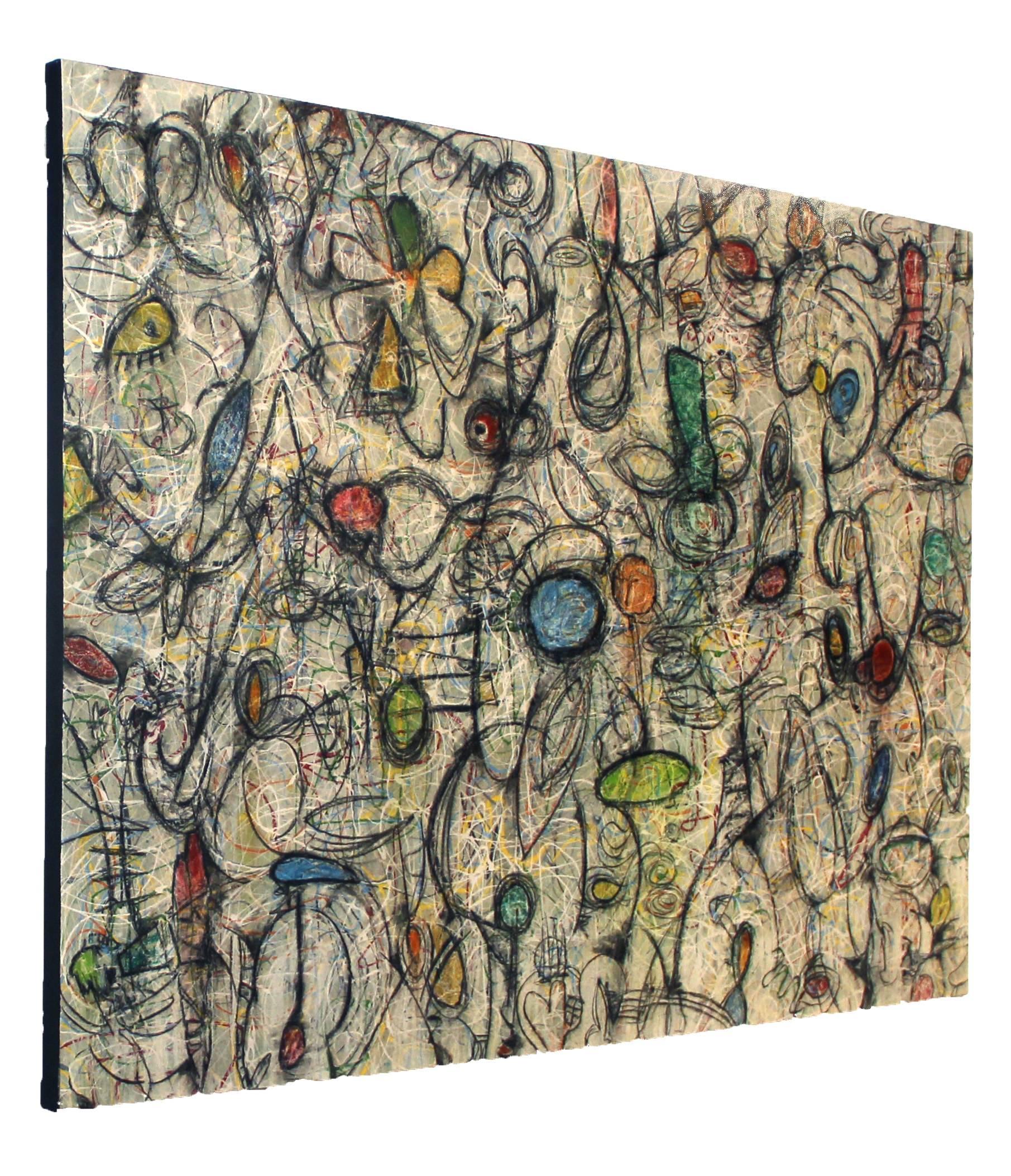 Bruce Rubenstein specializes in large-scale artworks, using huge canvases to tell his stories. This one-of-a-kind oversized 53 inch tall by 76 inch wide original artwork is a mixed media composition layered with acrylic paint, oil stick and enamel
