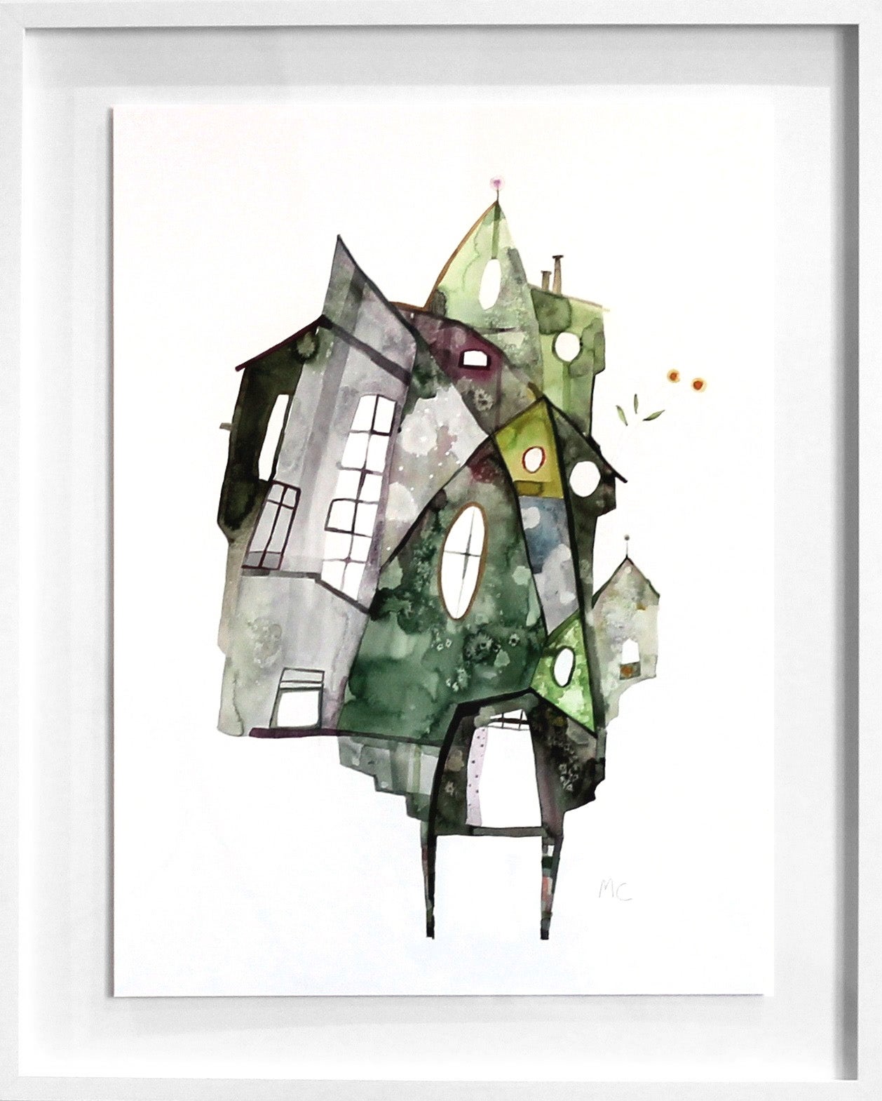 Maria C. Bernhardsson Abstract Painting - Green House - Original Watercolor Artwork (Framed)
