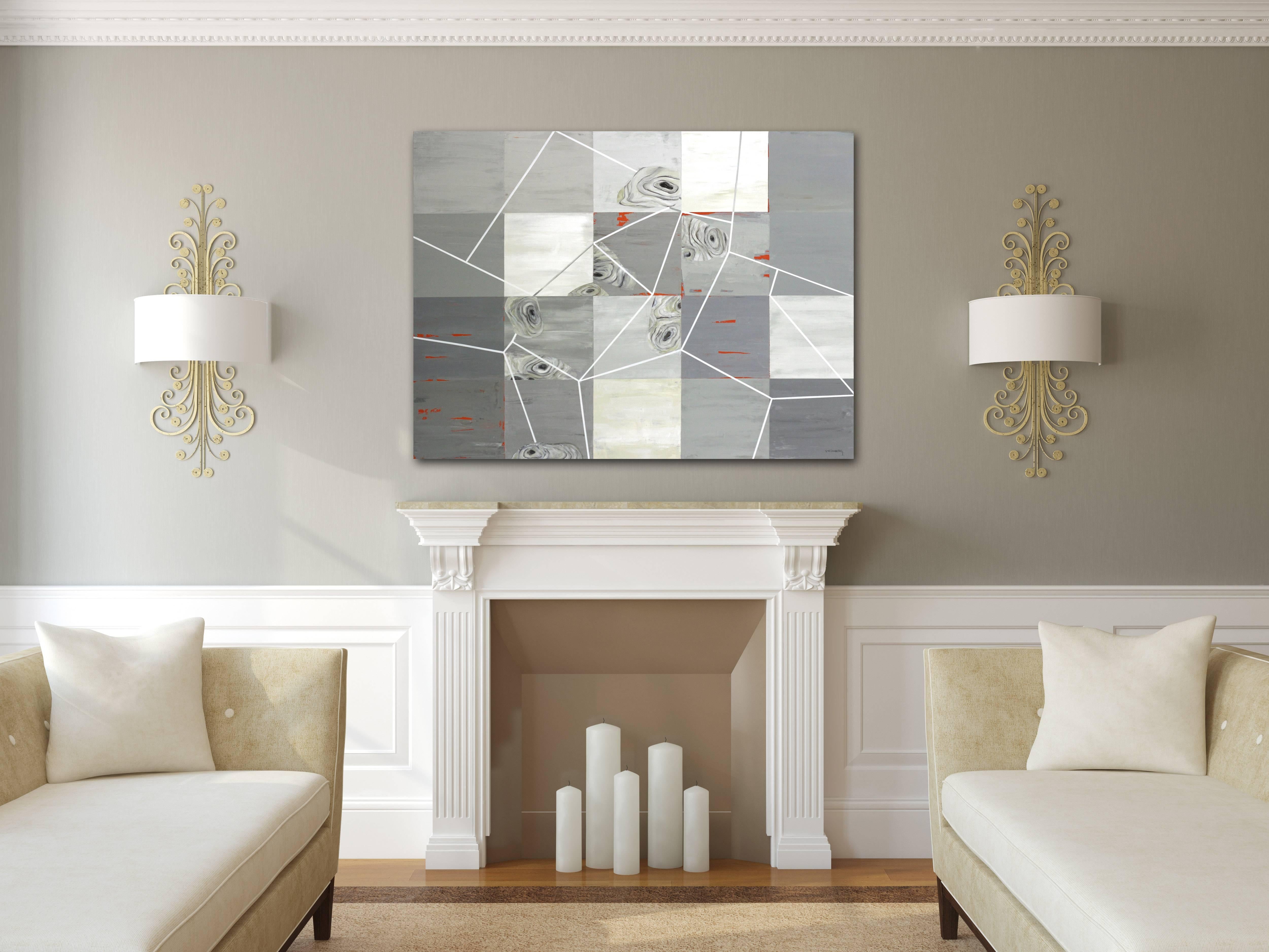 Archipelago - Original Abstract Geometric Neutral Grey and White Artwork - Painting by Heny Steinberg