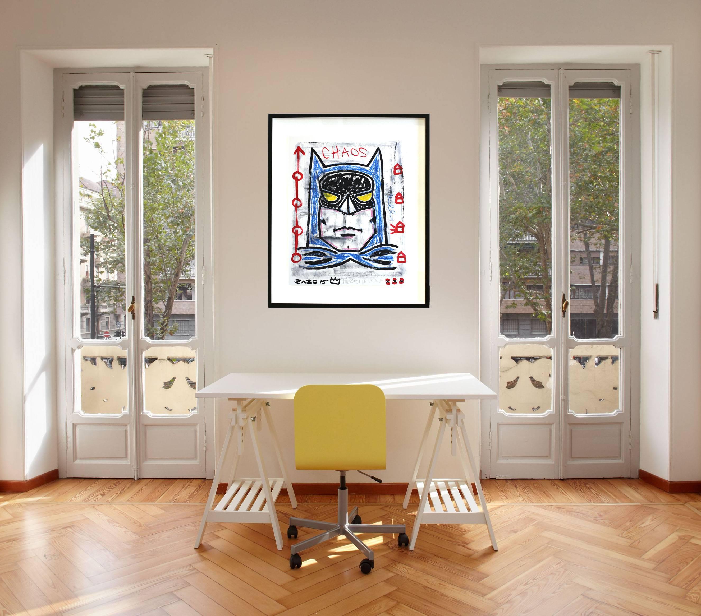 Los Angeles artist Gary John used acrylic paint and graphite on cardstock to create this one-of-a-kind original artwork. It is signed and dated by the artist in the lower left corner. This artwork is framed in a deep, black floating frame and