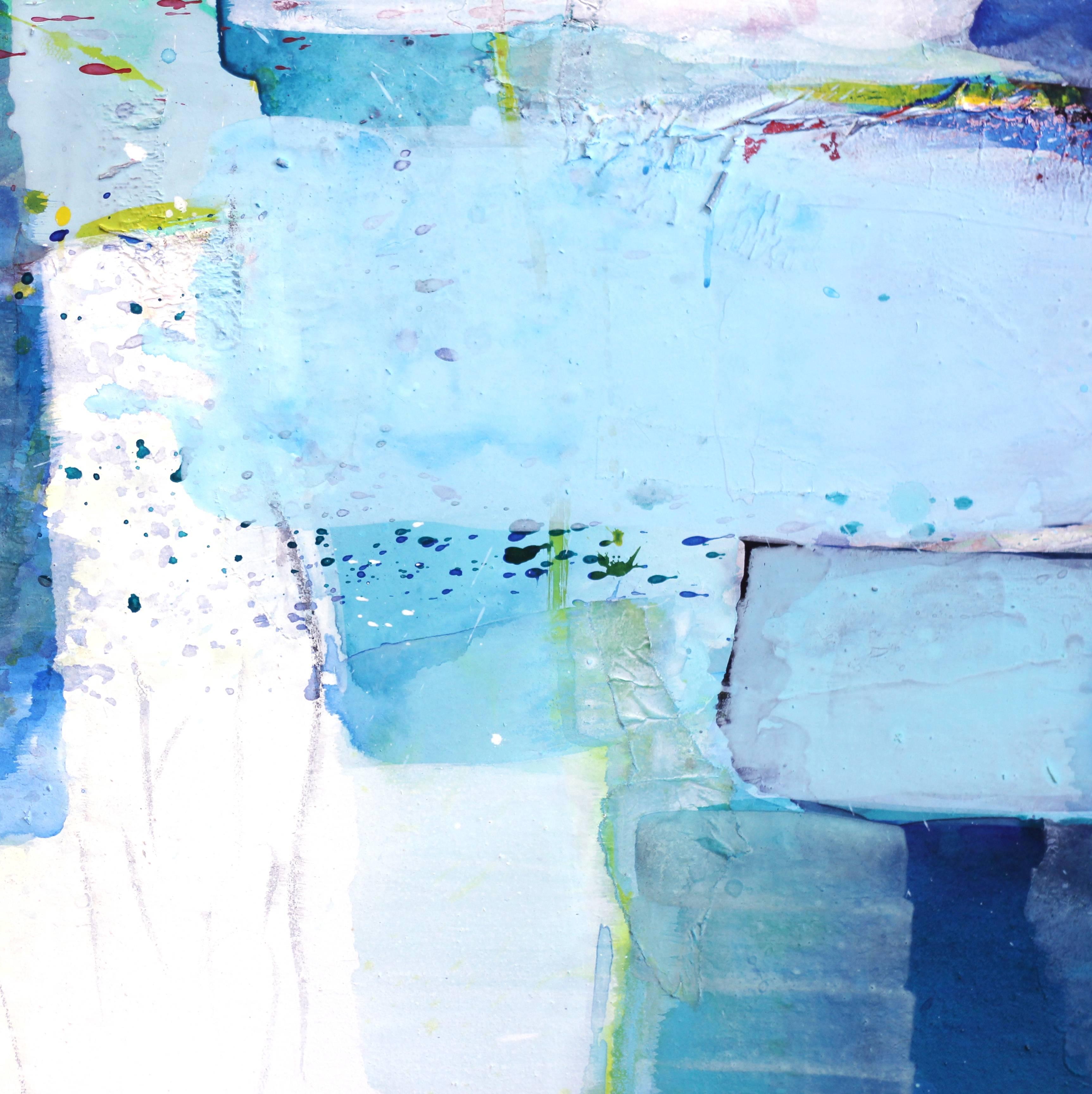 Departure - Grande peinture originale de paysage abstrait encadrée en bleu et blanc en vente 2