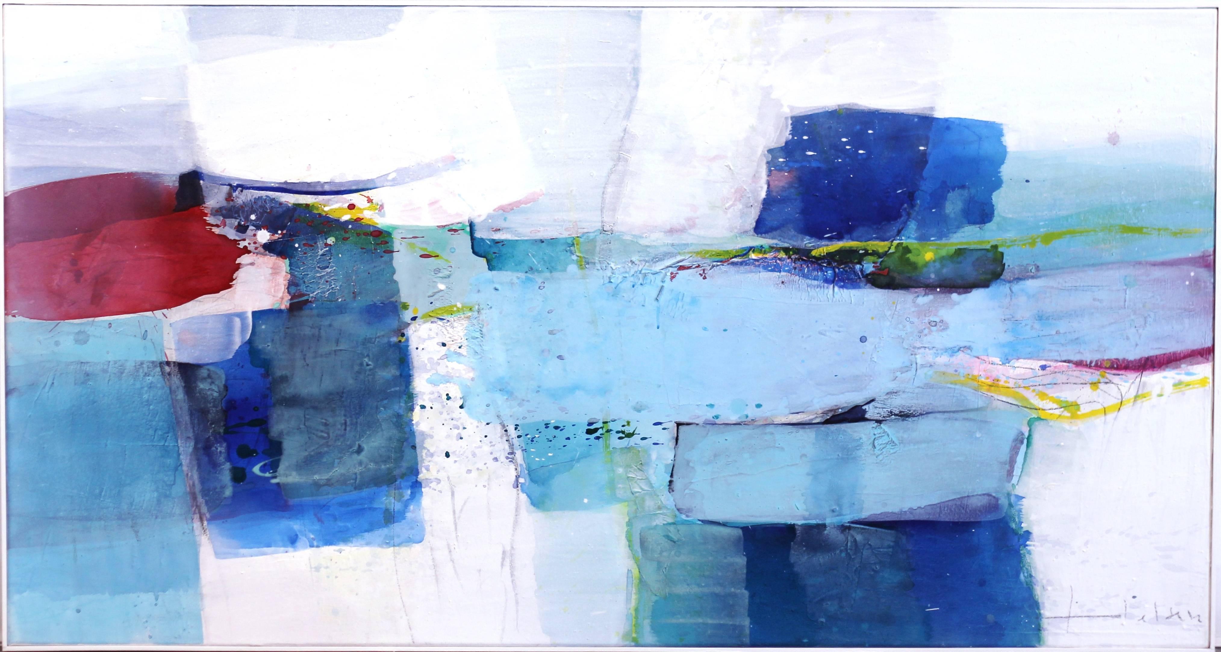 Departure - Grande peinture originale de paysage abstrait encadrée en bleu et blanc en vente 3