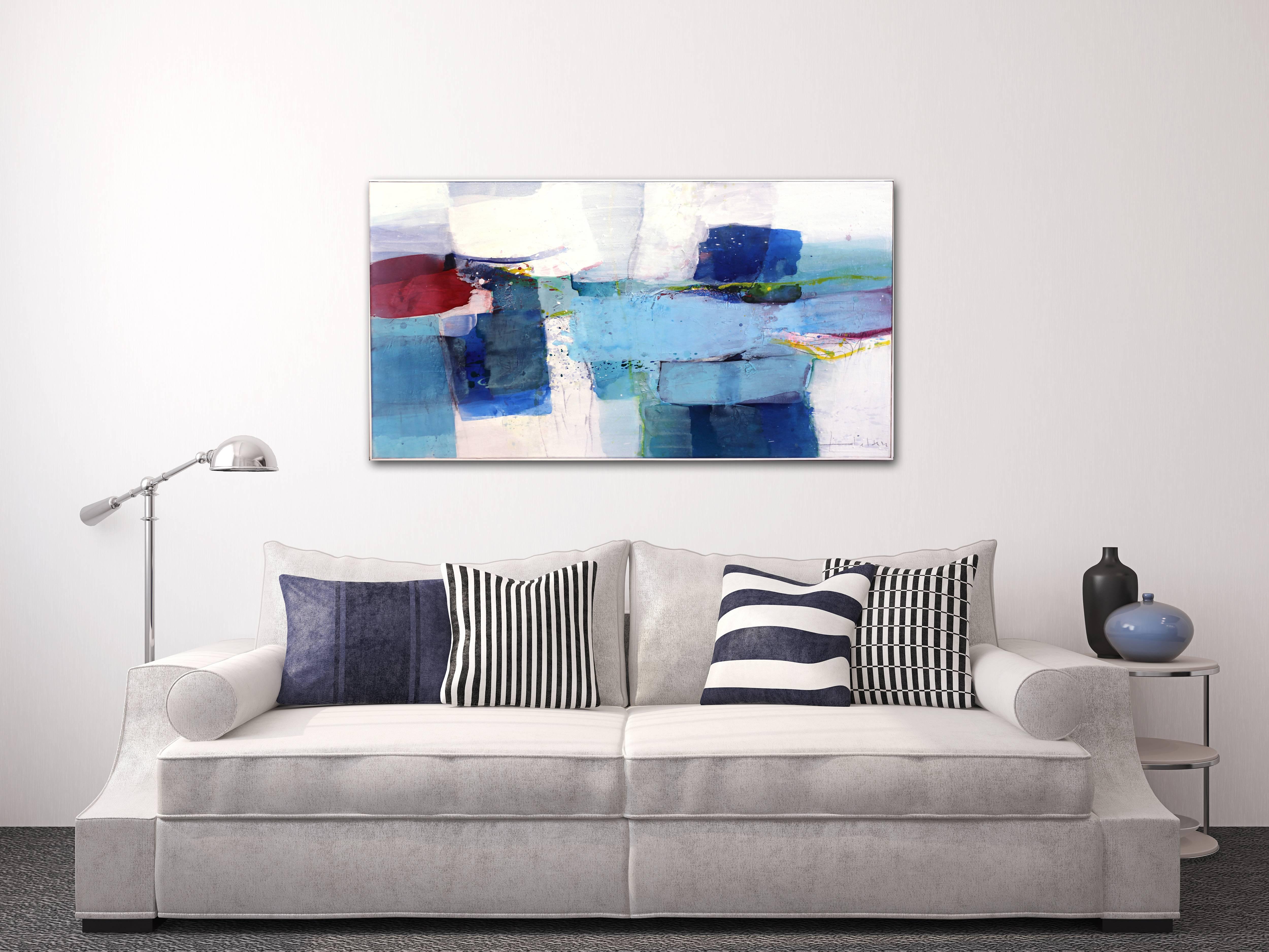Departure - Grande peinture originale de paysage abstrait encadrée en bleu et blanc en vente 1