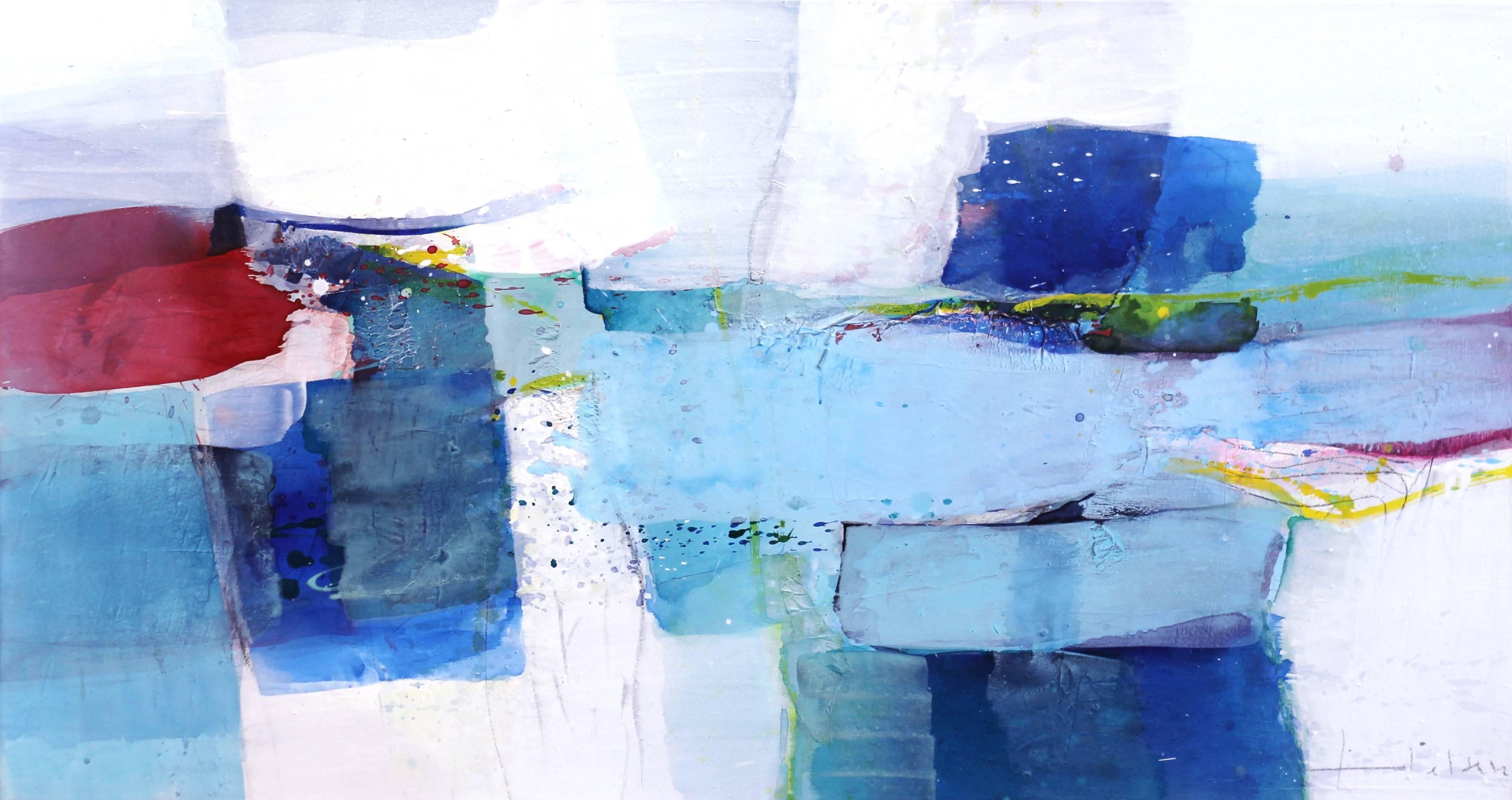 Landscape Painting Greet Helsen - Departure - Grande peinture originale de paysage abstrait encadrée en bleu et blanc