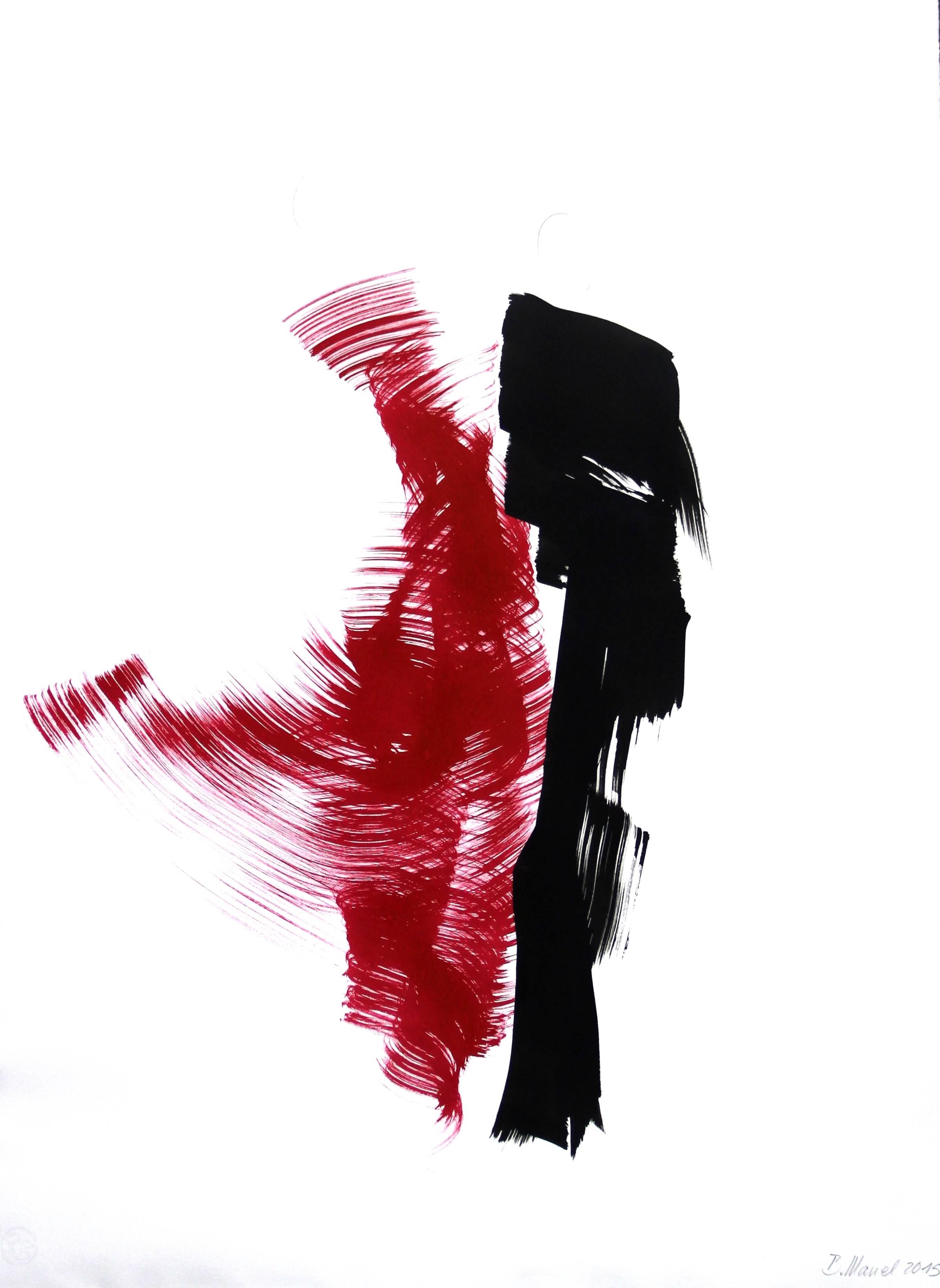 Bettina Mauel Figurative Painting – Tänzer 7 – Rote und schwarze Figuren, die Liebe zu Bewegung und Leben umarmen