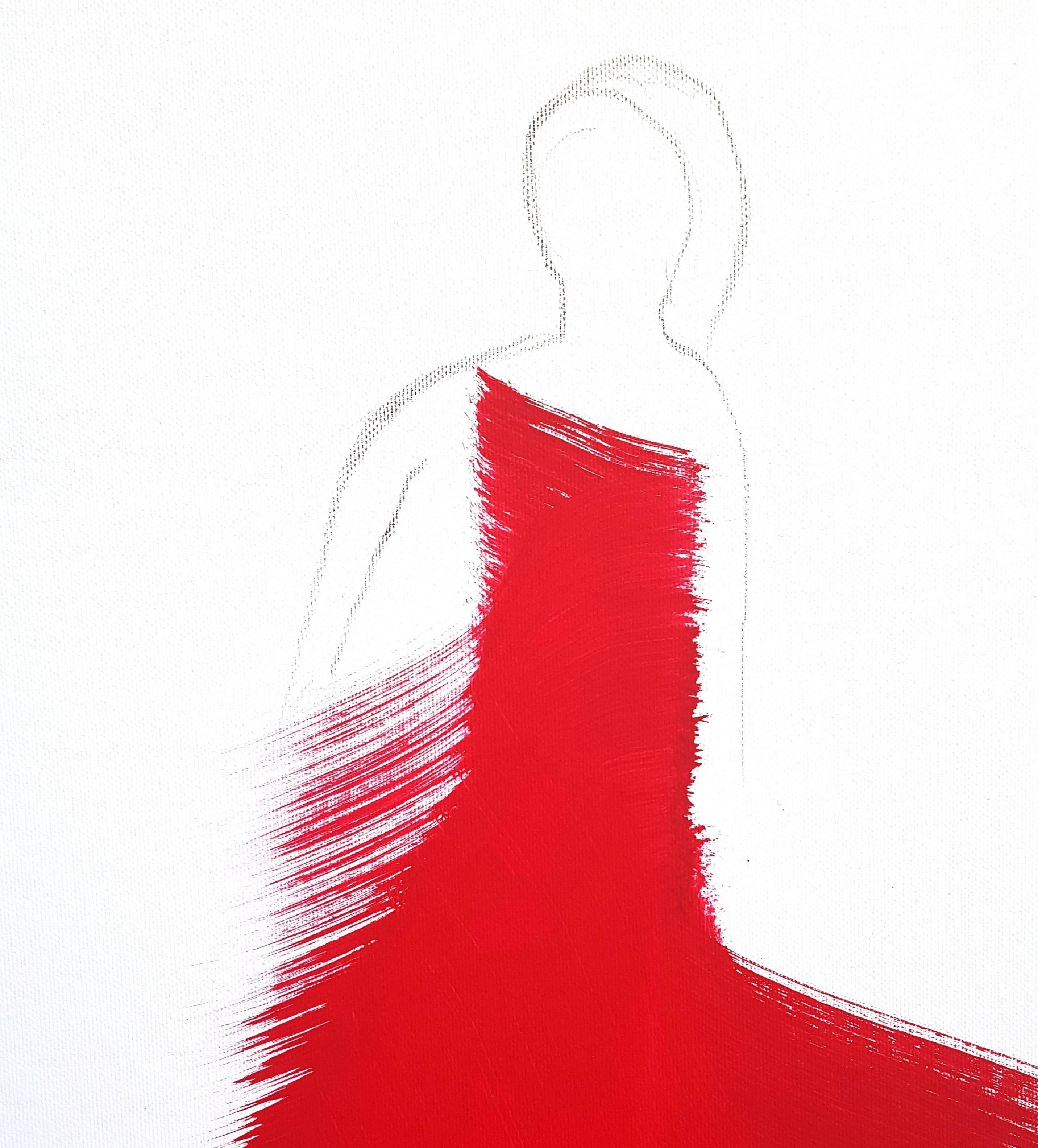 Das rote Kleid 5 - Gerahmtes Dynamisches Original Rotes Figuratives Abstraktes Ölgemälde  – Painting von Bettina Mauel