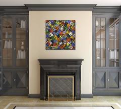 Diagonal Color Block - Abstract Black and Colorful Patterned Original Painting