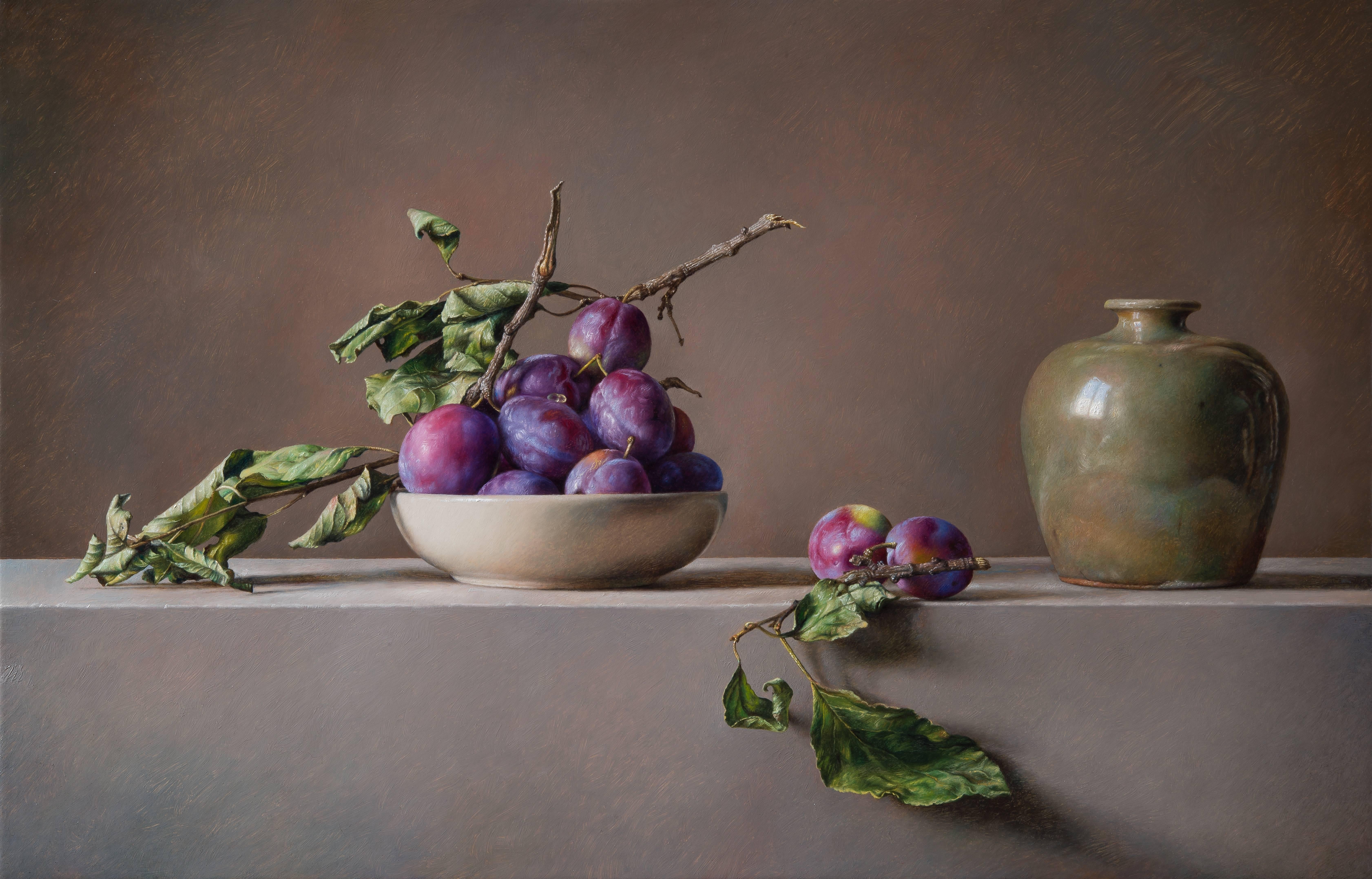 Gianluca Corona Still-Life Painting - Plums  composition with vase