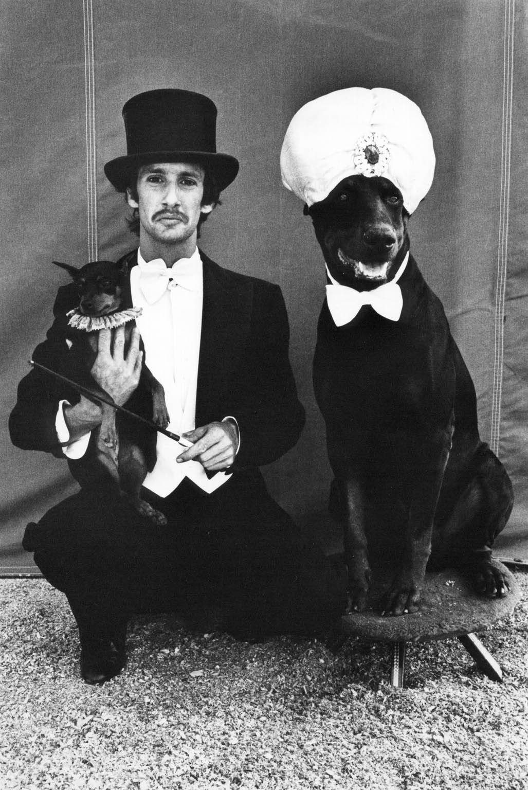 Arlene Gottfried Black and White Photograph - Lloyd Steir and Dogs at the Big Apple Circus, NY