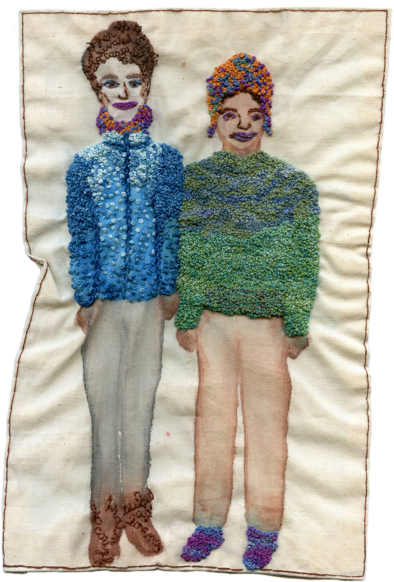 F Train Couple- narrative representational embroidery on fabric - Mixed Media Art by Iviva Olenick