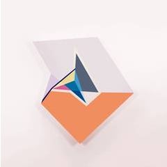 Polygon in space #25 - Bright Orange, Grey, Blue, Sculptural Painting on Linen 10