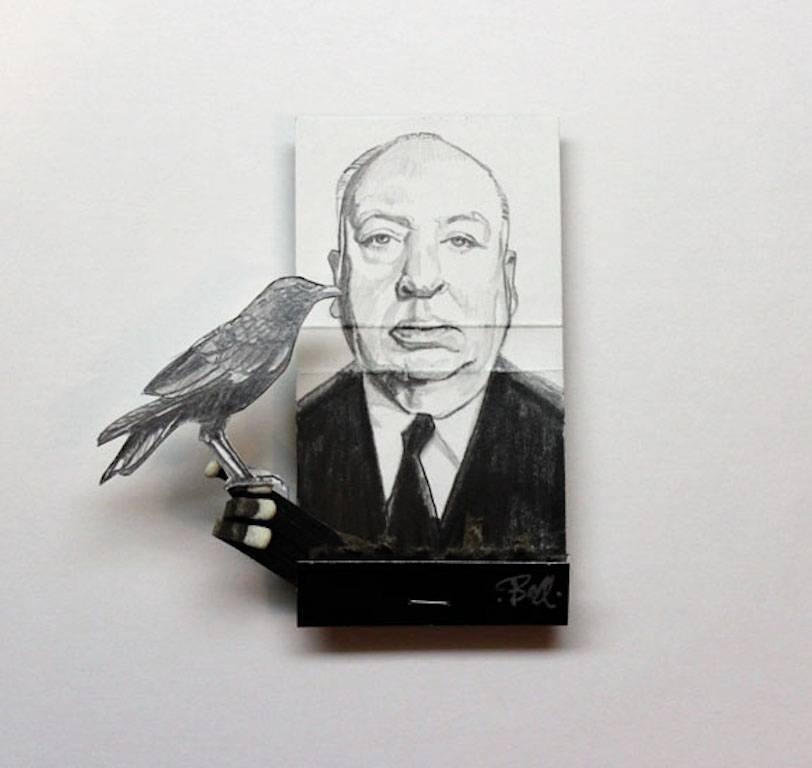MB visual Portrait - Alfred Hitchcock- black and white figurative portrait on matchbox