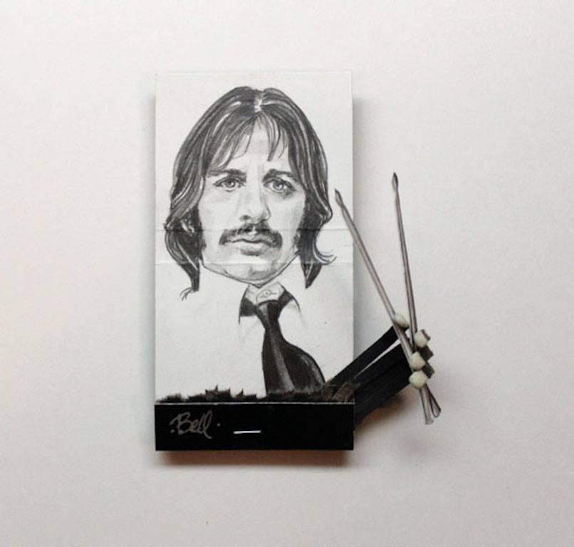 MB visual Portrait - Ringo Starr- black and white figurative portrait on matchbox
