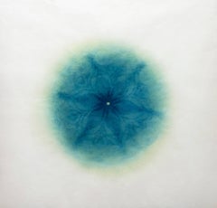 Revolution IX - Blue geometric abstract monoprint and laser cut rice paper