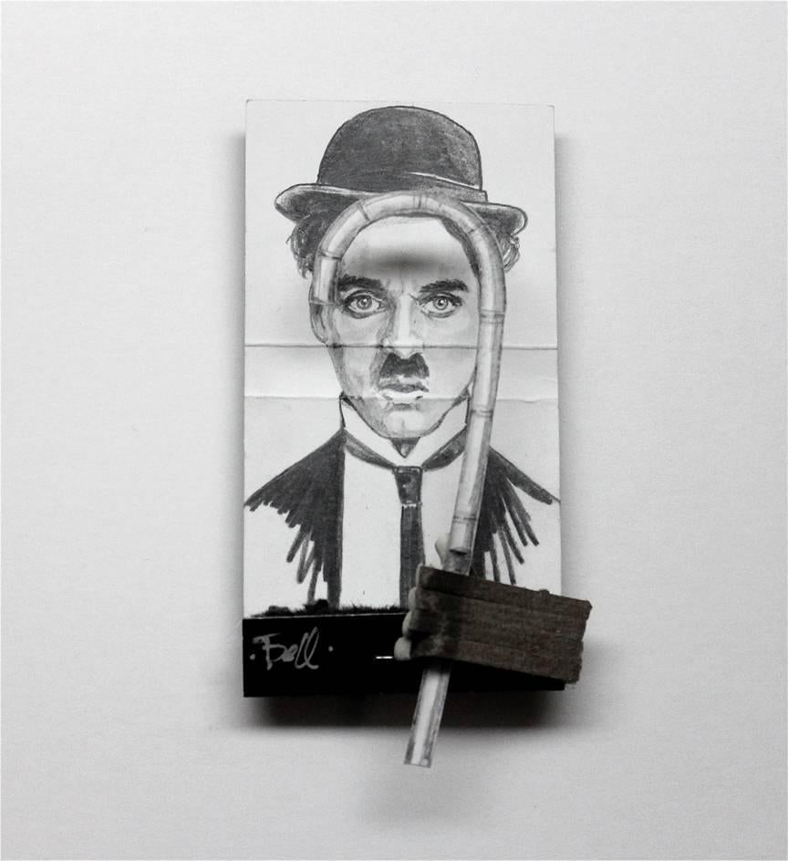 MB visual Portrait - Charlie Chaplin- figurative black and white portrait on matchbox
