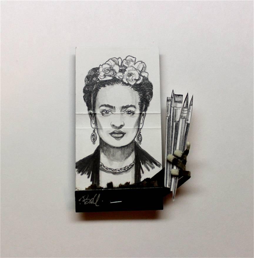 MB visual Portrait - Frida Kahlo- figurative black and white portrait on matchbox