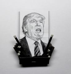 Donald Trump- figurative black and white portrait on matchbox