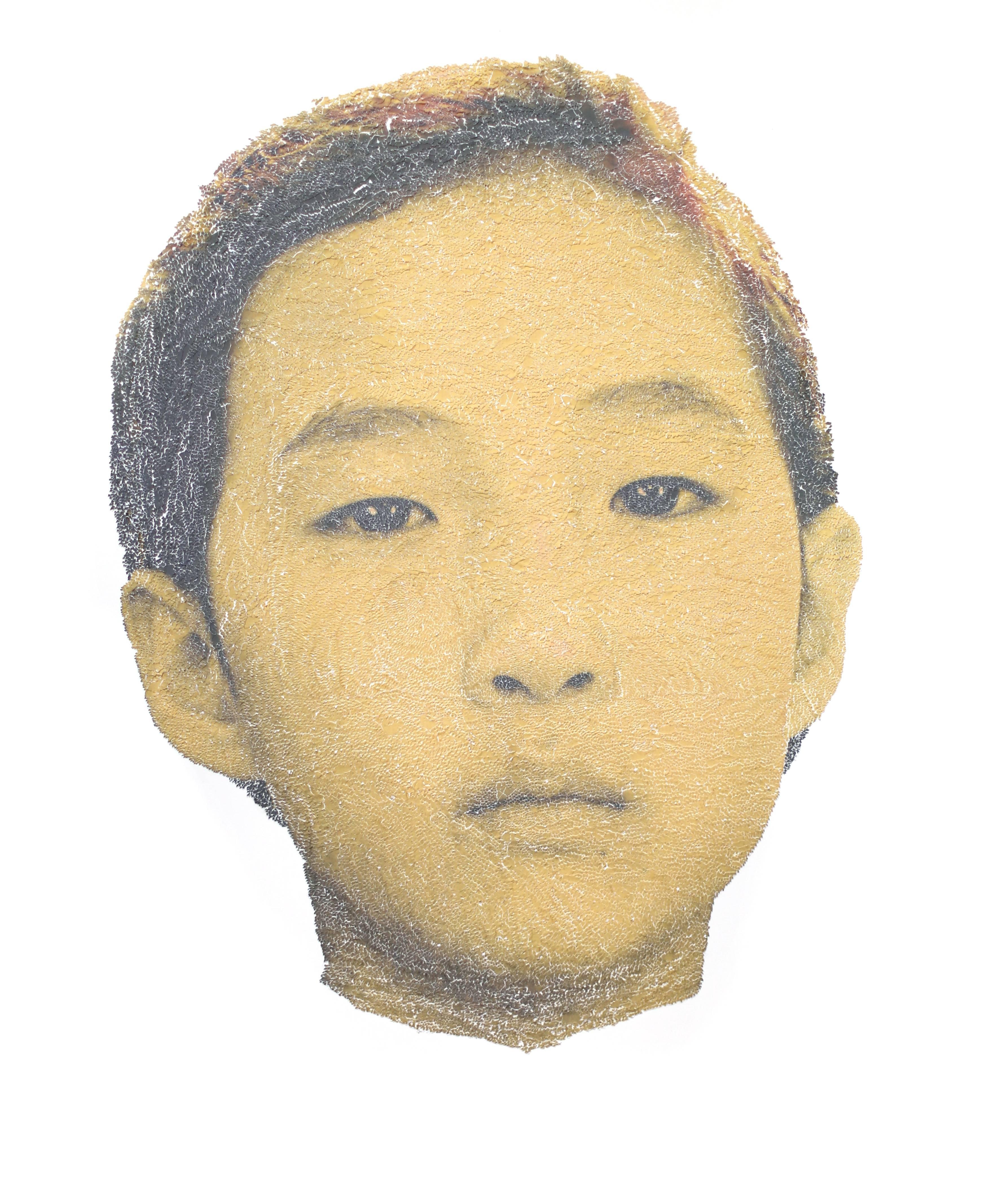 Keun Young Park Portrait Photograph - Joanne Yellow- Torn and pasted photo on paper- Portrait micro mosaic collage