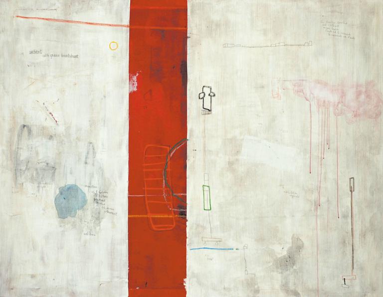 Lionel Pratt Abstract Painting - Architect with Green Boardshort - horizontal white and red street art painting