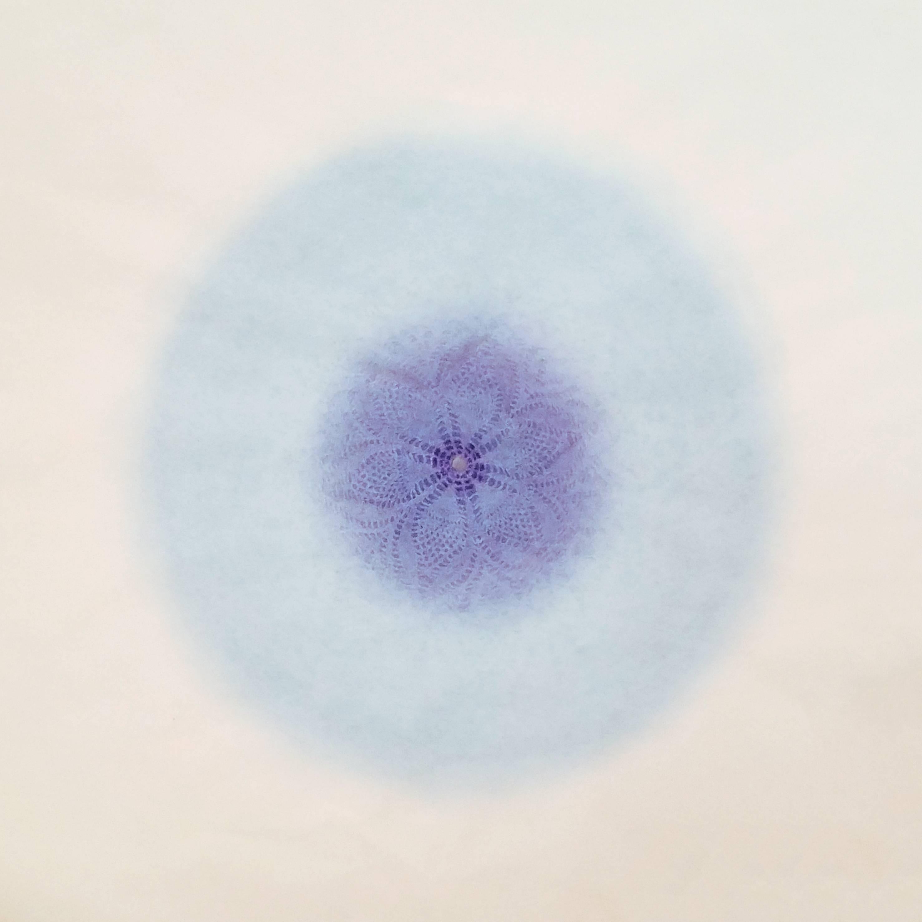 Amy Sands Abstract Print - Revolution X - blue purple abstract geometric monoprint and laser cut rice paper