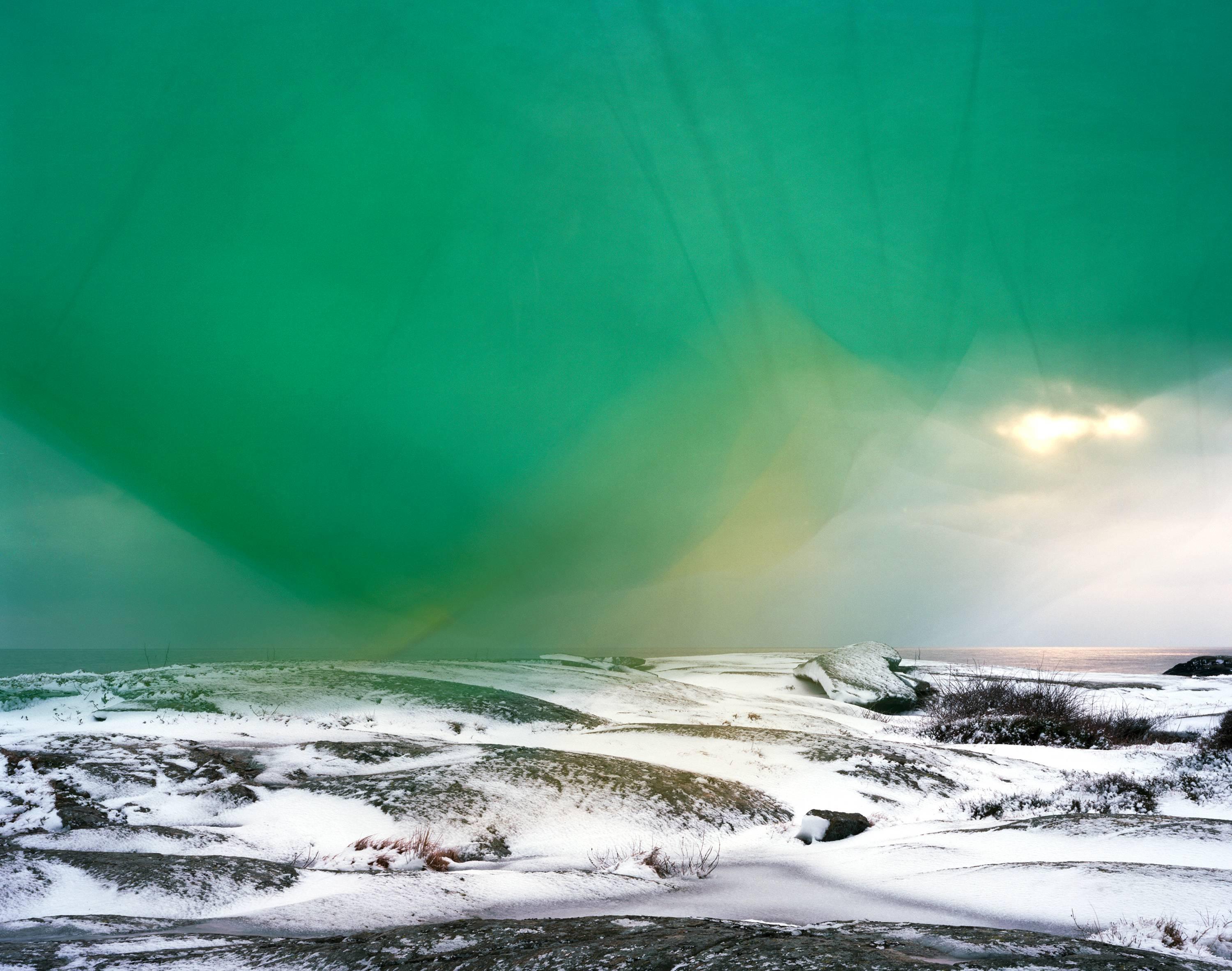 Ole Brodersen Landscape Photograph - Cloth, string and Kite #5- Large abstract landscape green water landscape photo
