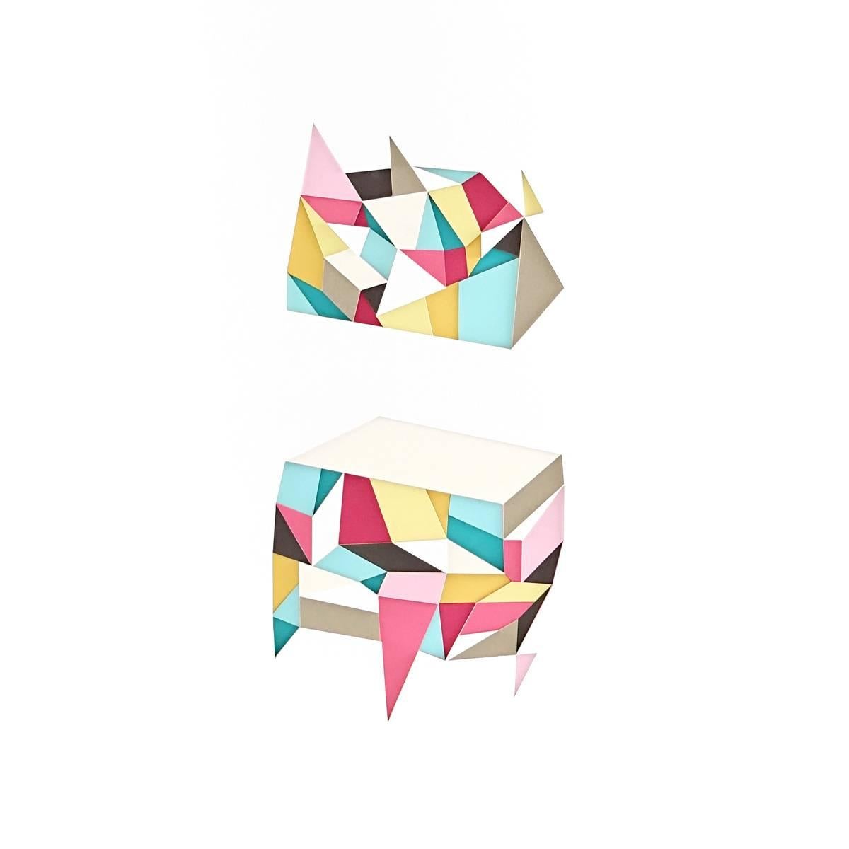 Huntz Liu Abstract Drawing – Split 2 – abstraktes, farbenfrohes, geometrisches, strukturiertes, handgeschnittenes, geschichtetes Papier