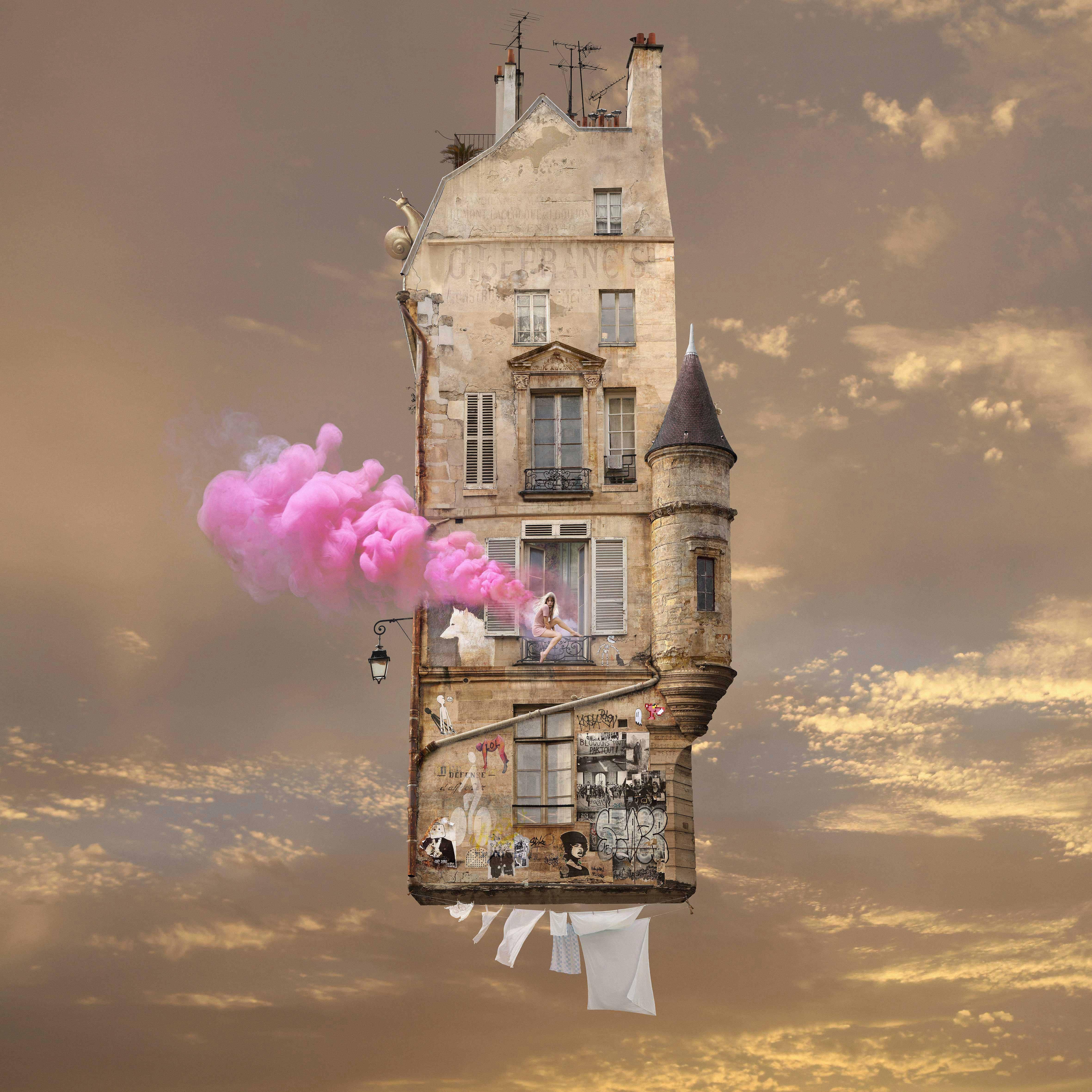 Laurent Chéhère Color Photograph - Pink - digital color whimsical photography of flying house