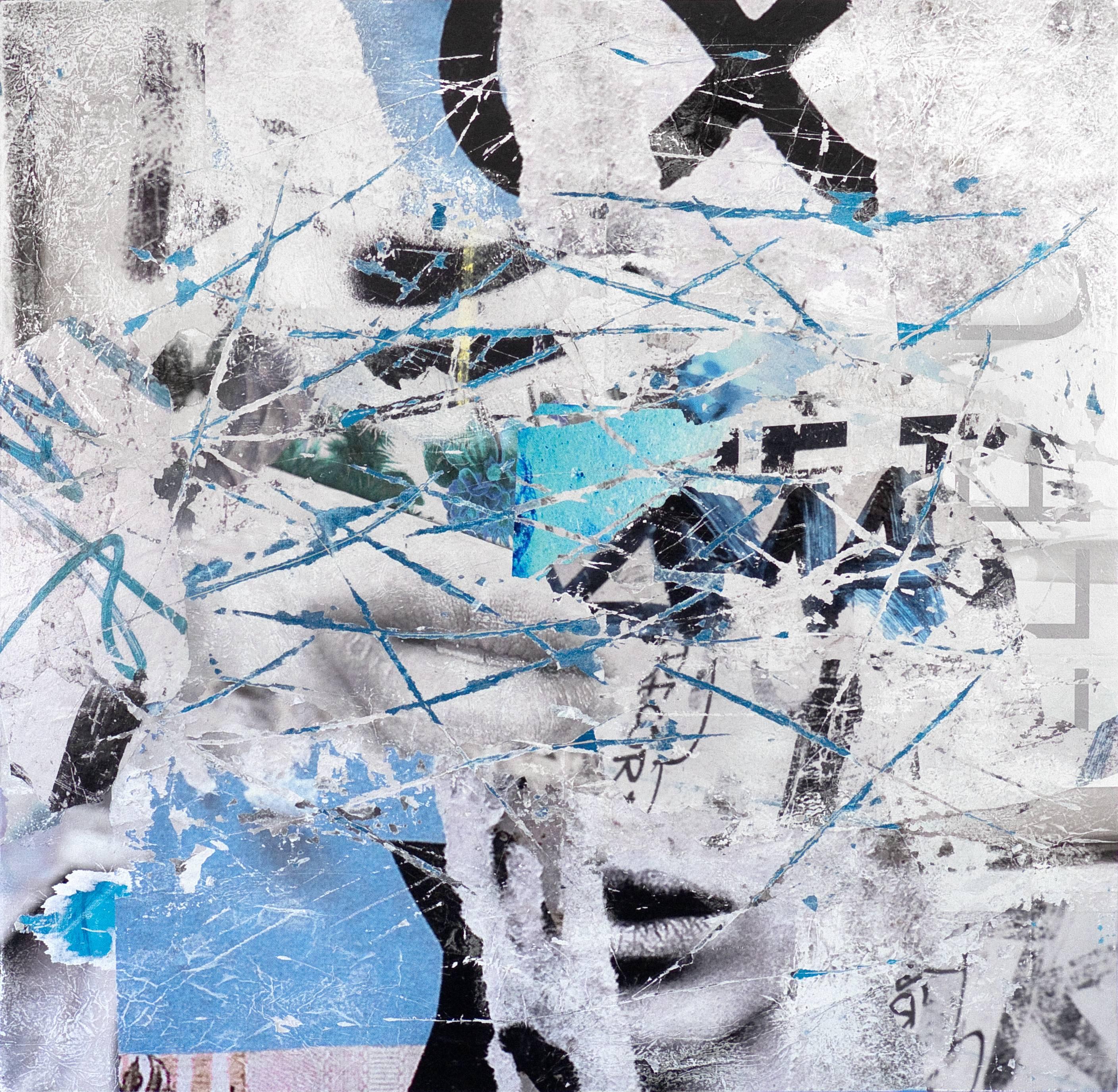 David Fredrik Moussallem Abstract Painting - Cuts and Scrapes #1 - contemporary street art white and blue abstract painting