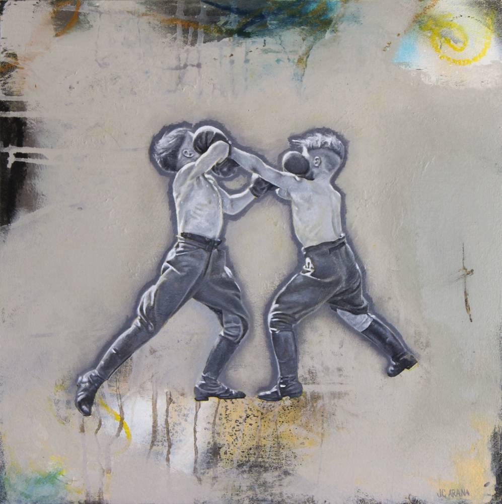 Elbows Up - peinture figurative hyperréaliste en noir et blanc représentant des garçons de boxe