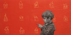 Teo - photo realistic sepia boy painting against bright red background