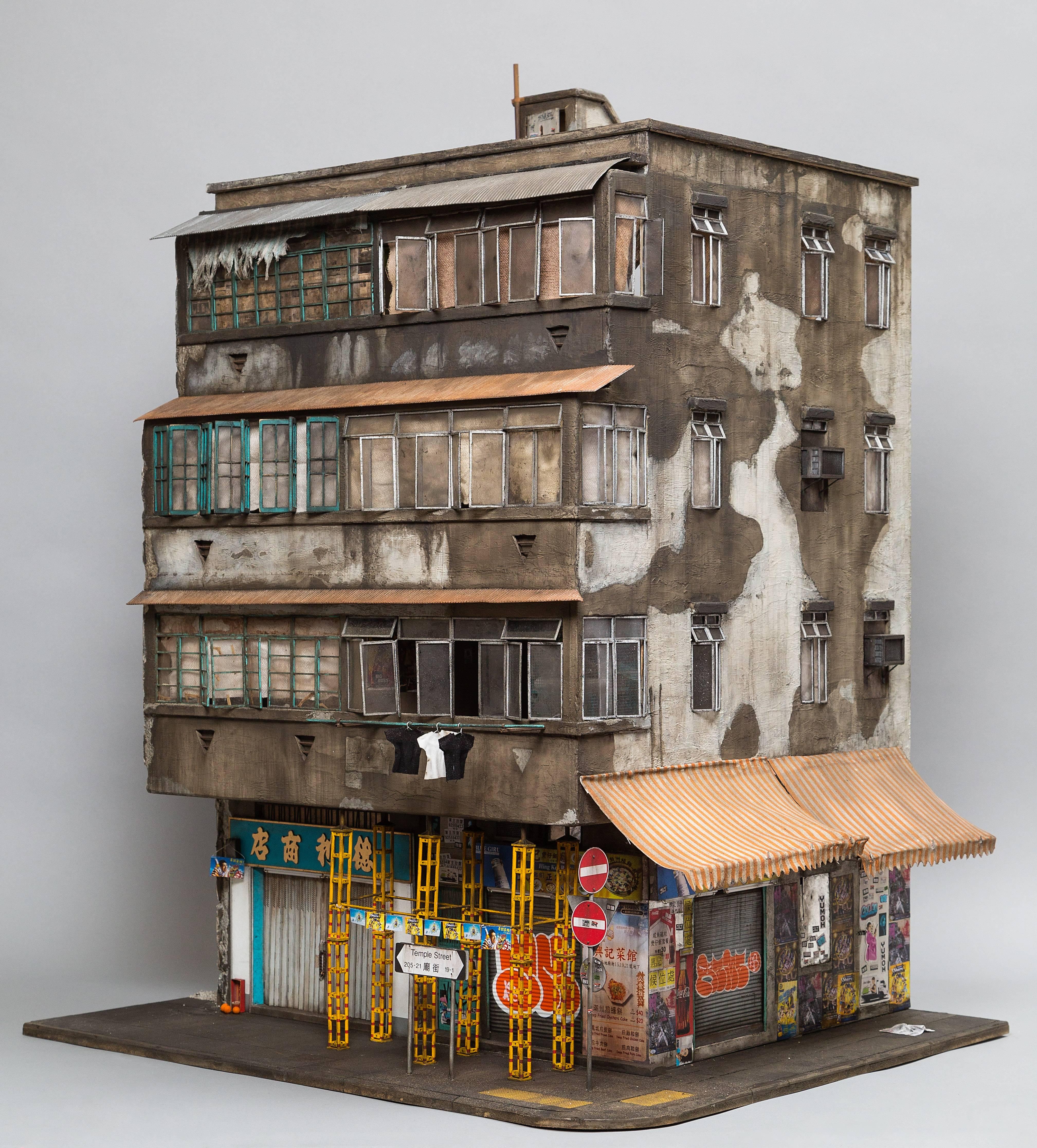 Joshua Smith Still-Life Sculpture - Temple Street - miniature Chinese urban building sculpture Hong Kong Koowlon