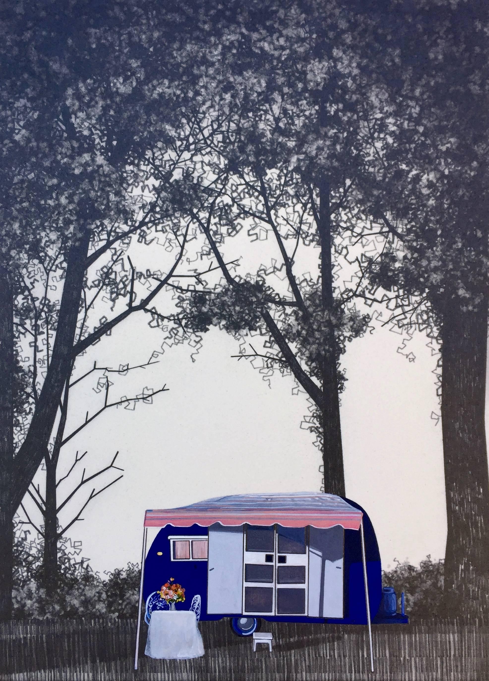 Sara Frantz Landscape Art - Lot 9 - small contemporary blue drawing mobile home caravan road trip landscape