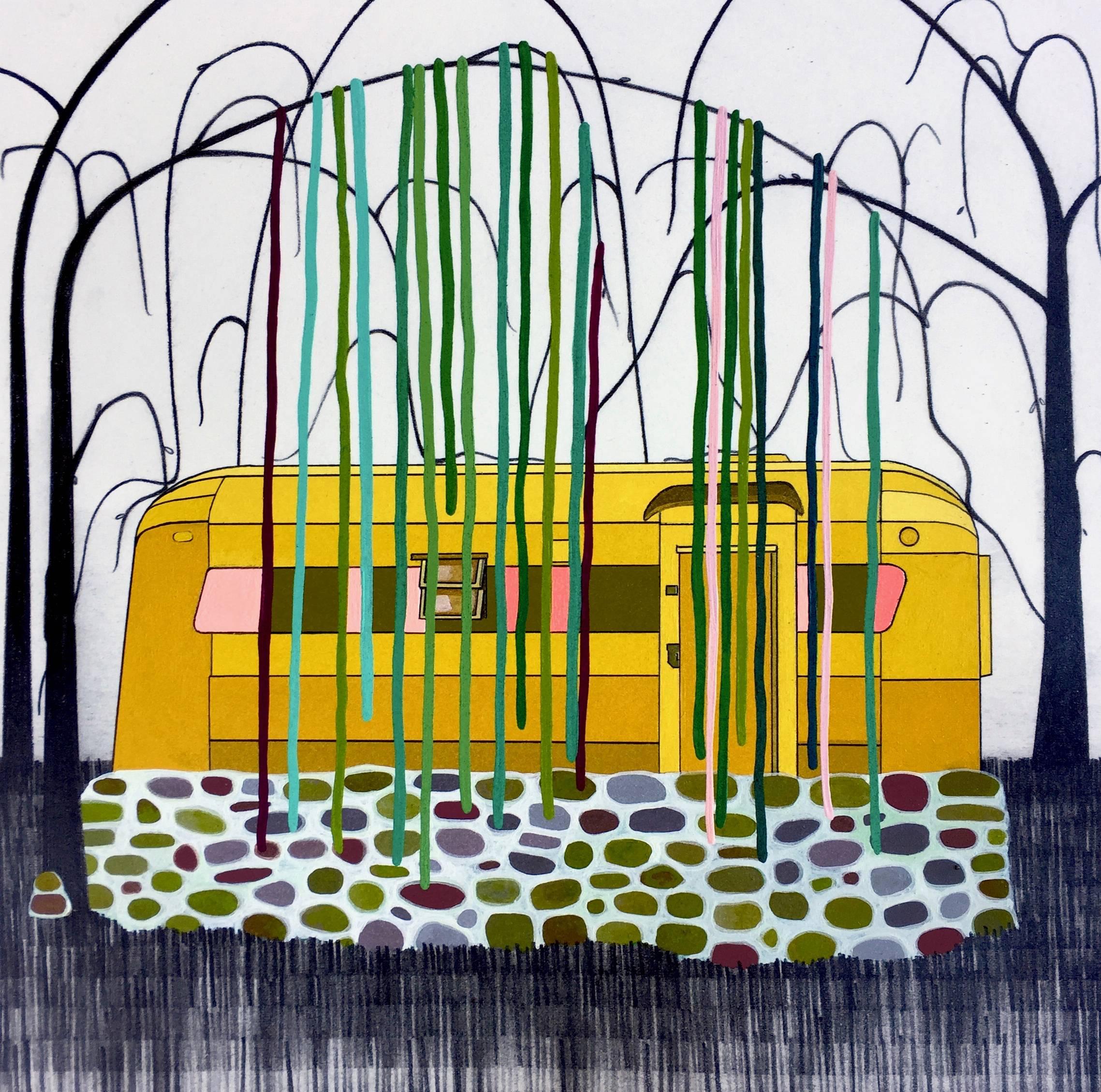 Sara Frantz Landscape Art - Lot 12- small yellow green contemporary drawing caravan mobile home landscape