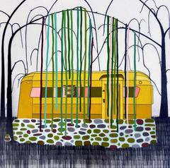 Lot 12- small yellow green contemporary drawing caravan mobile home landscape