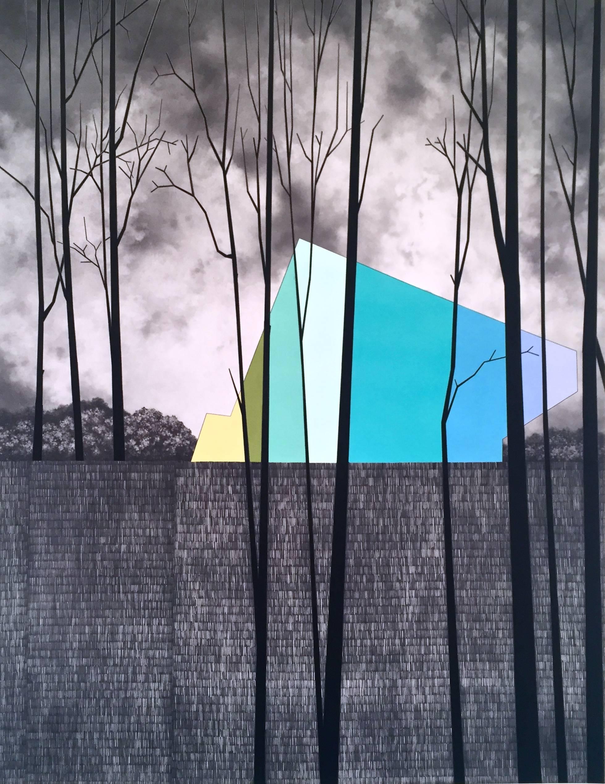 Sara Frantz Landscape Art - Rearview - large blue architectural landscape nature contemporary drawing