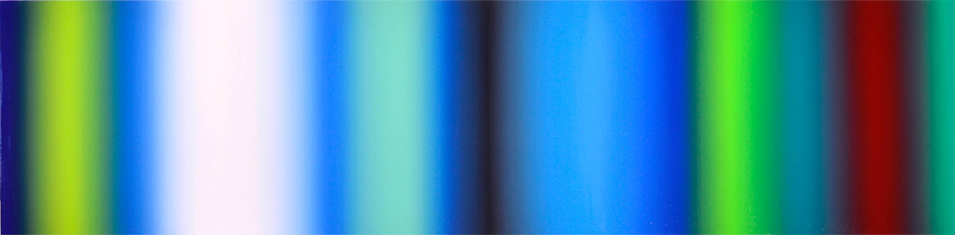 Patrick Dintino Abstract Painting – Broadband - großes, lebhaftes, leuchtend blaues und grünes, abstraktes Ölgemälde in Farbmischung