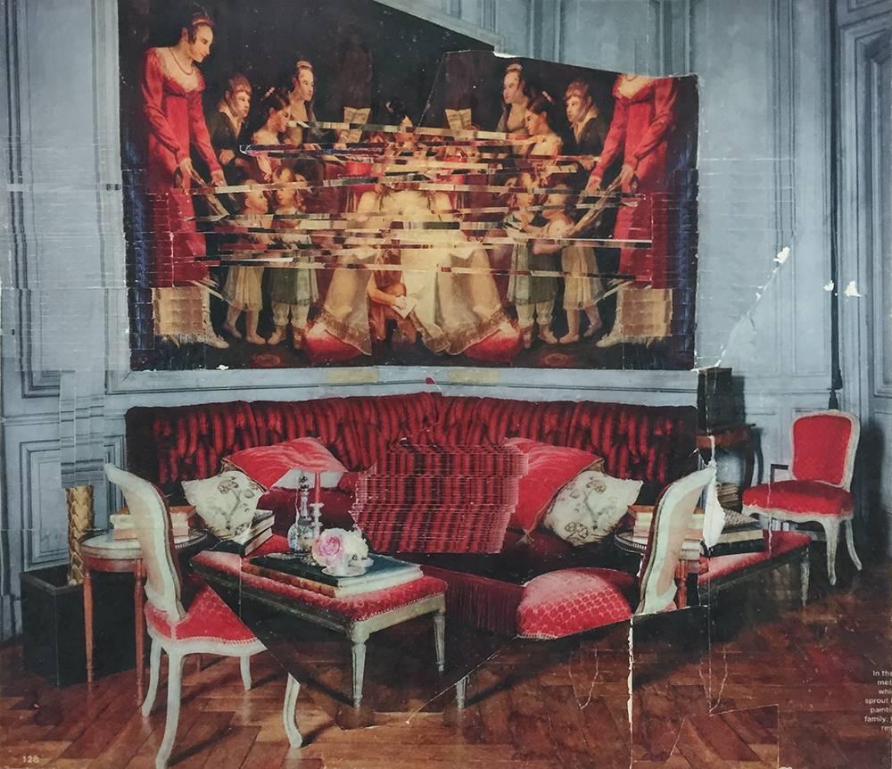 Gilt Glitches Slowly - large classical contemporary red interior photo transfer