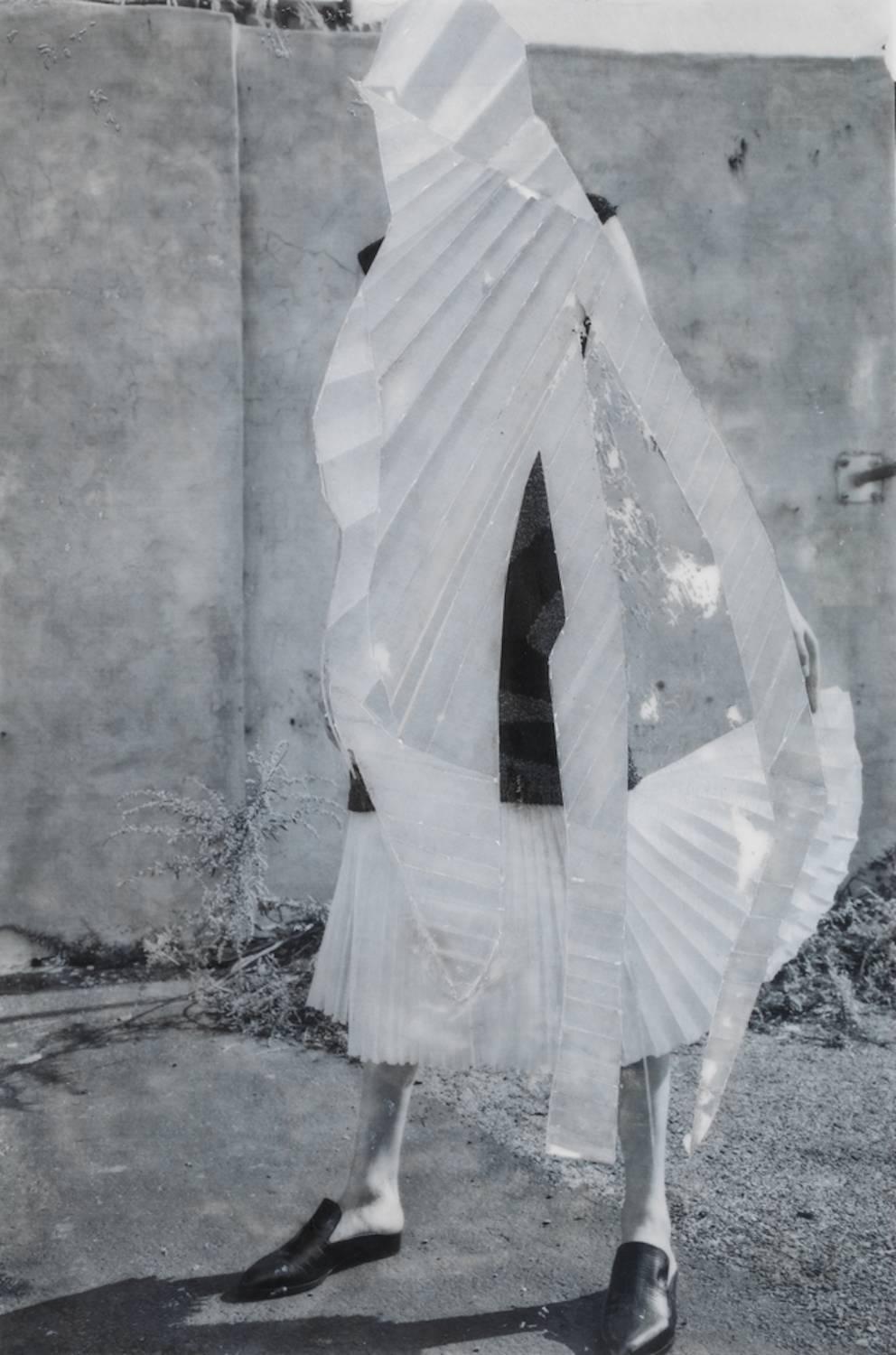 fashion - black / white photo transfer and collage on mylar woman portrait
