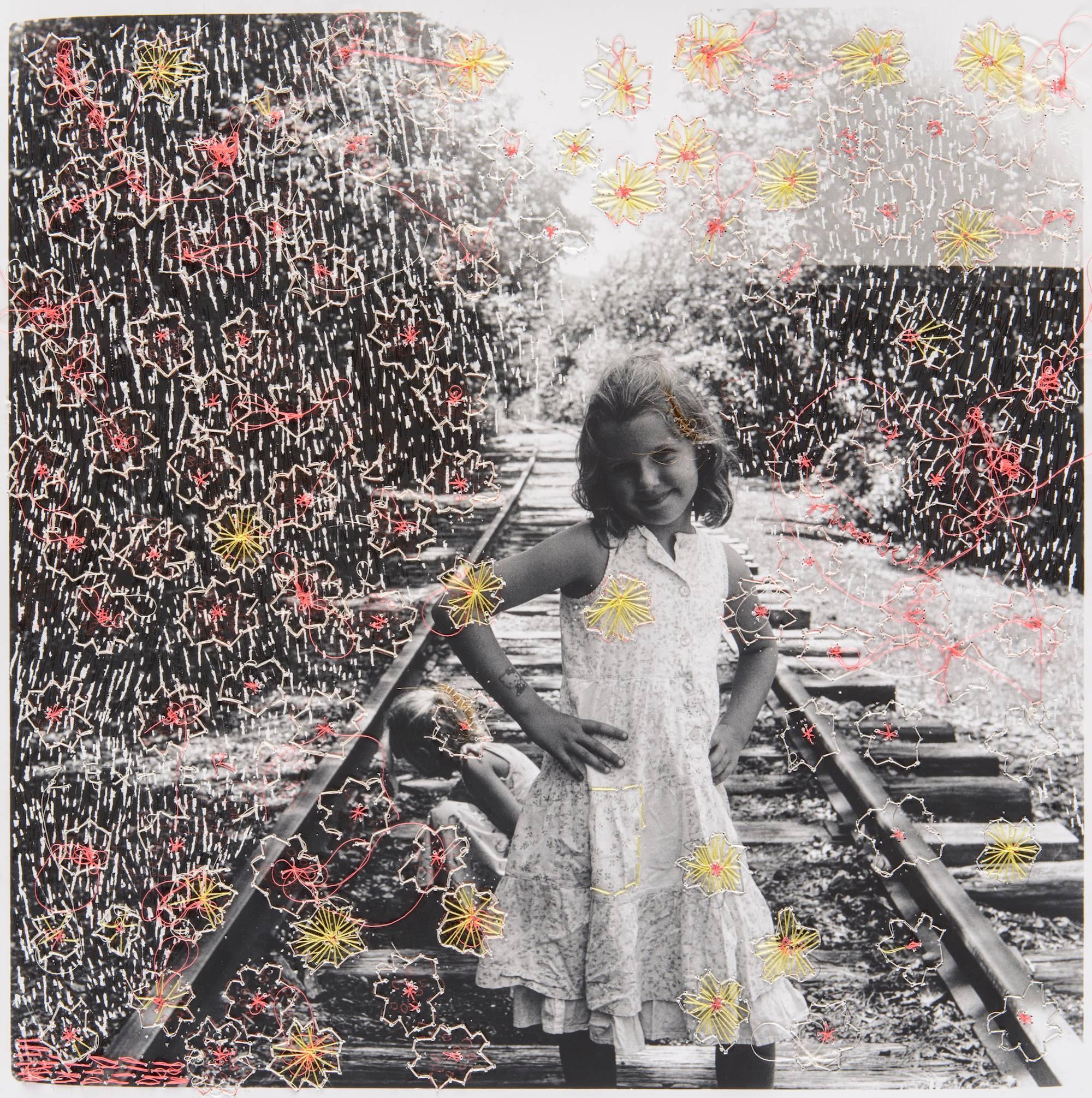 Melissa Zexter Portrait Photograph - Train tracks- embroidered contemporary photography portrait of girl